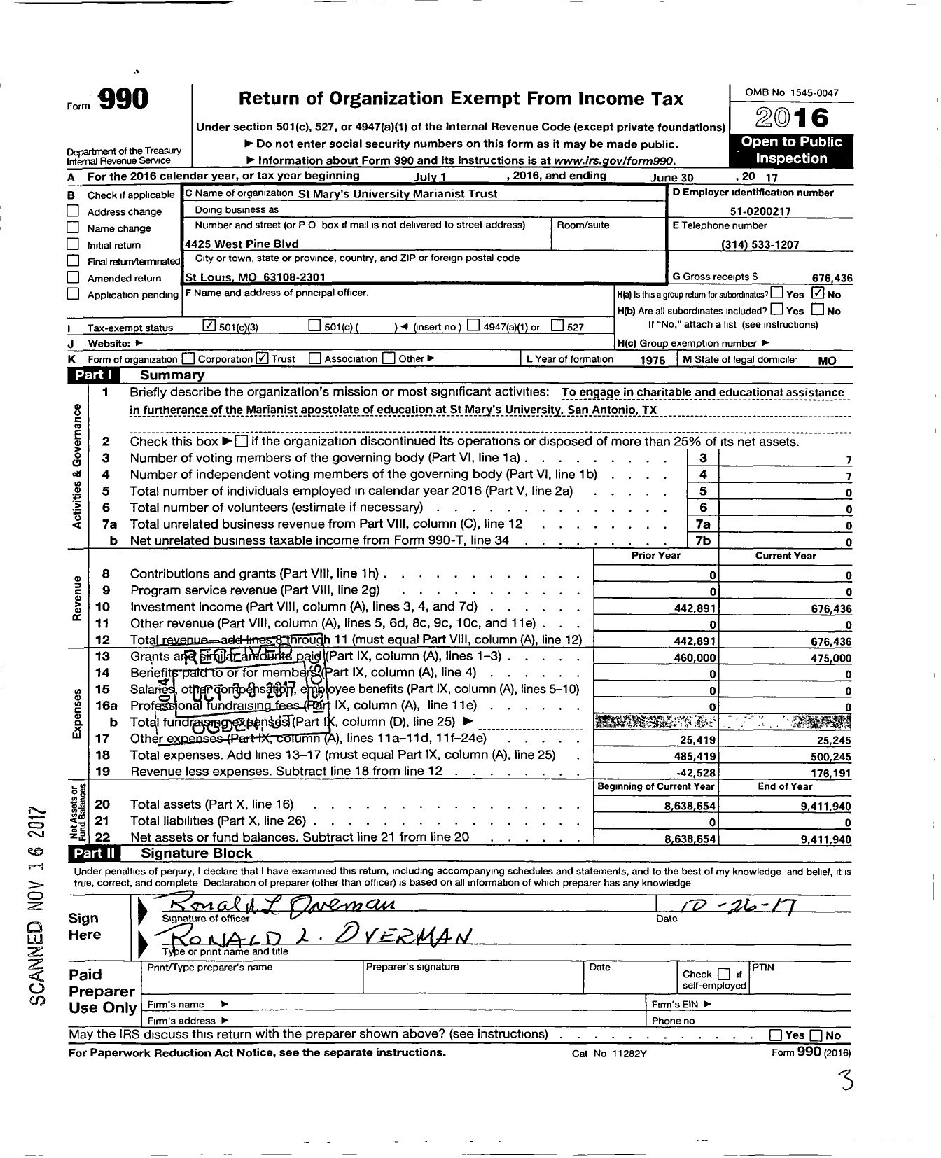 Image of first page of 2016 Form 990 for ST MARYS UNIVersity MARIANIST TRUST