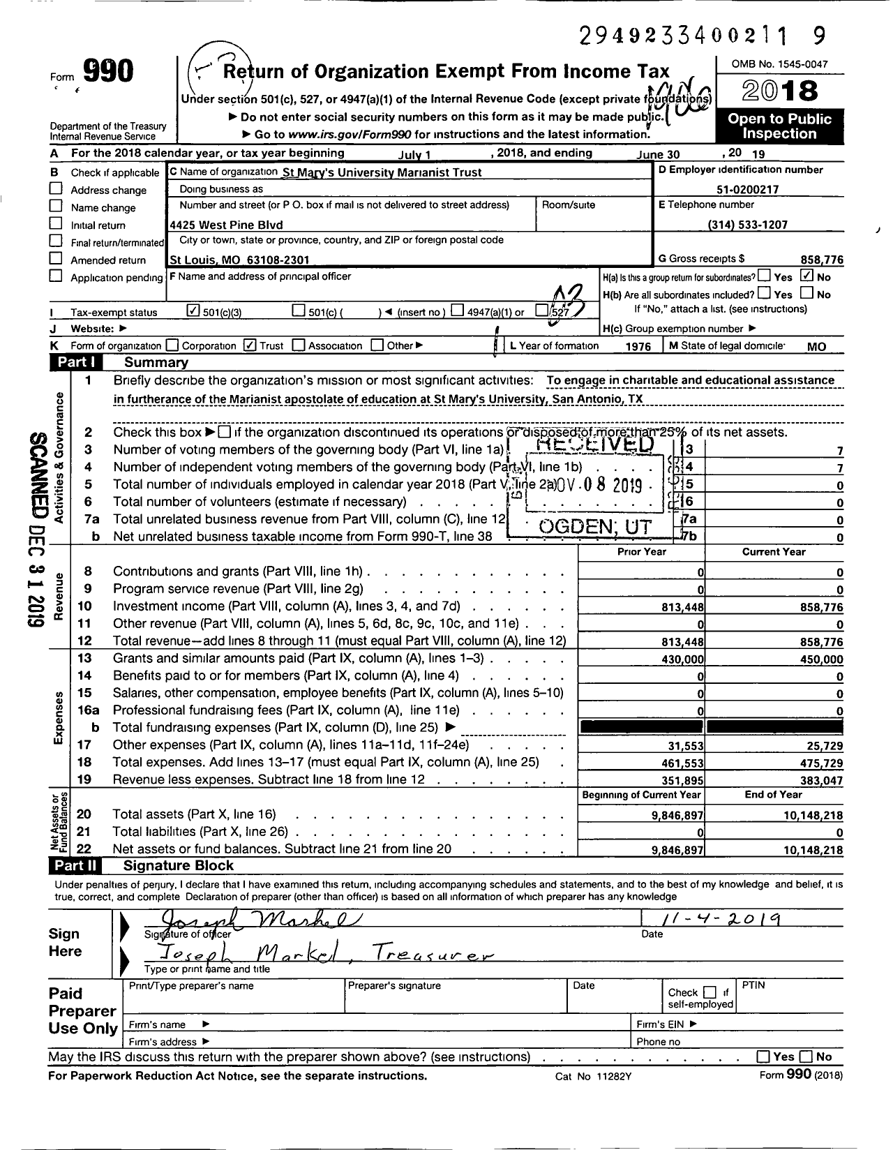 Image of first page of 2018 Form 990 for ST MARYS UNIVersity MARIANIST TRUST