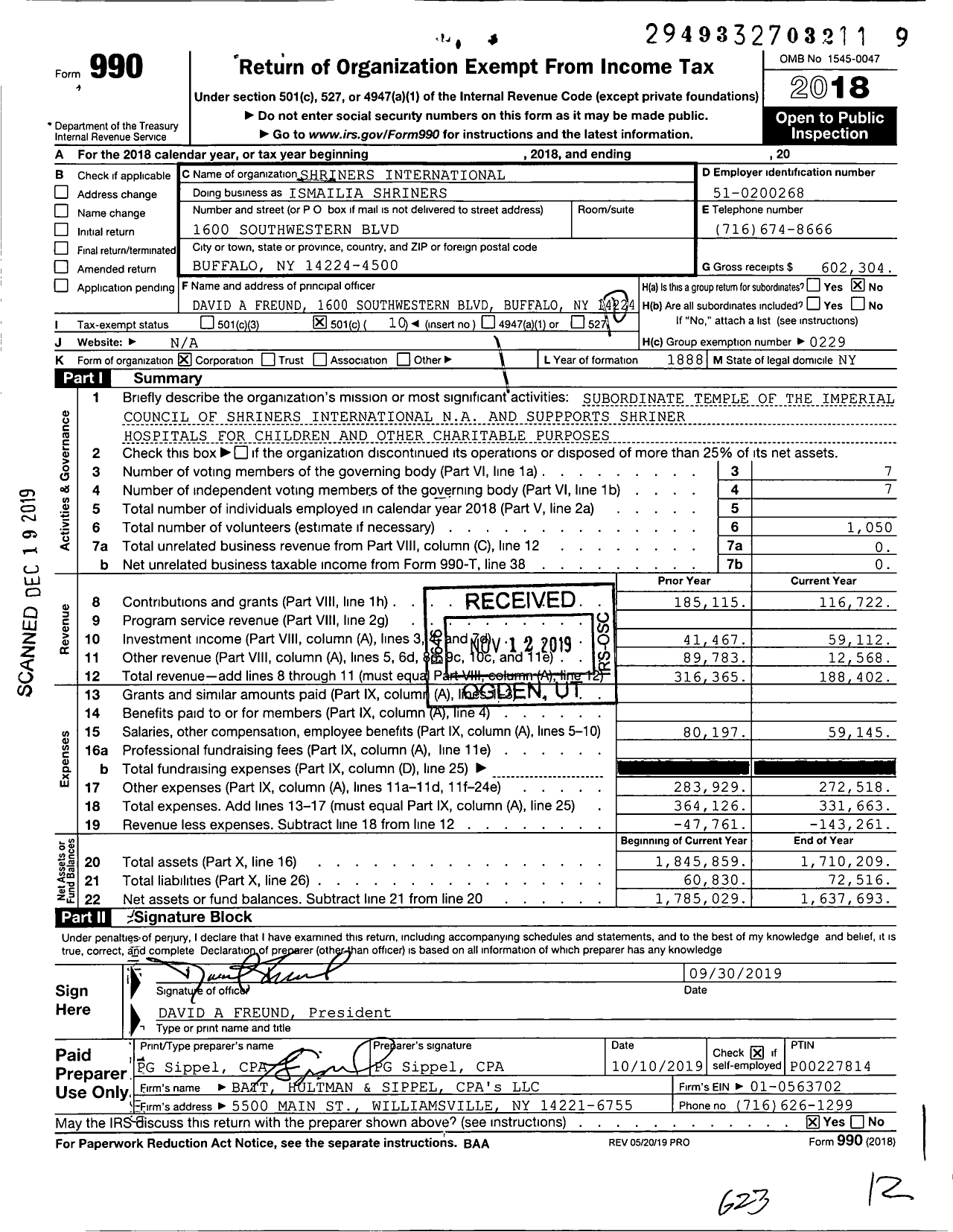 Image of first page of 2018 Form 990O for Shriners International - Ismailia Shriners