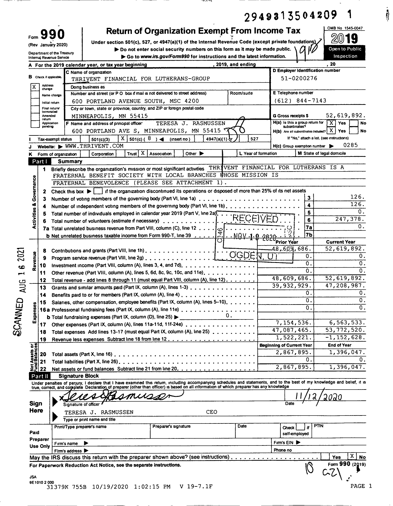 Image of first page of 2019 Form 990O for Thrivent Financial for Lutherans-Group