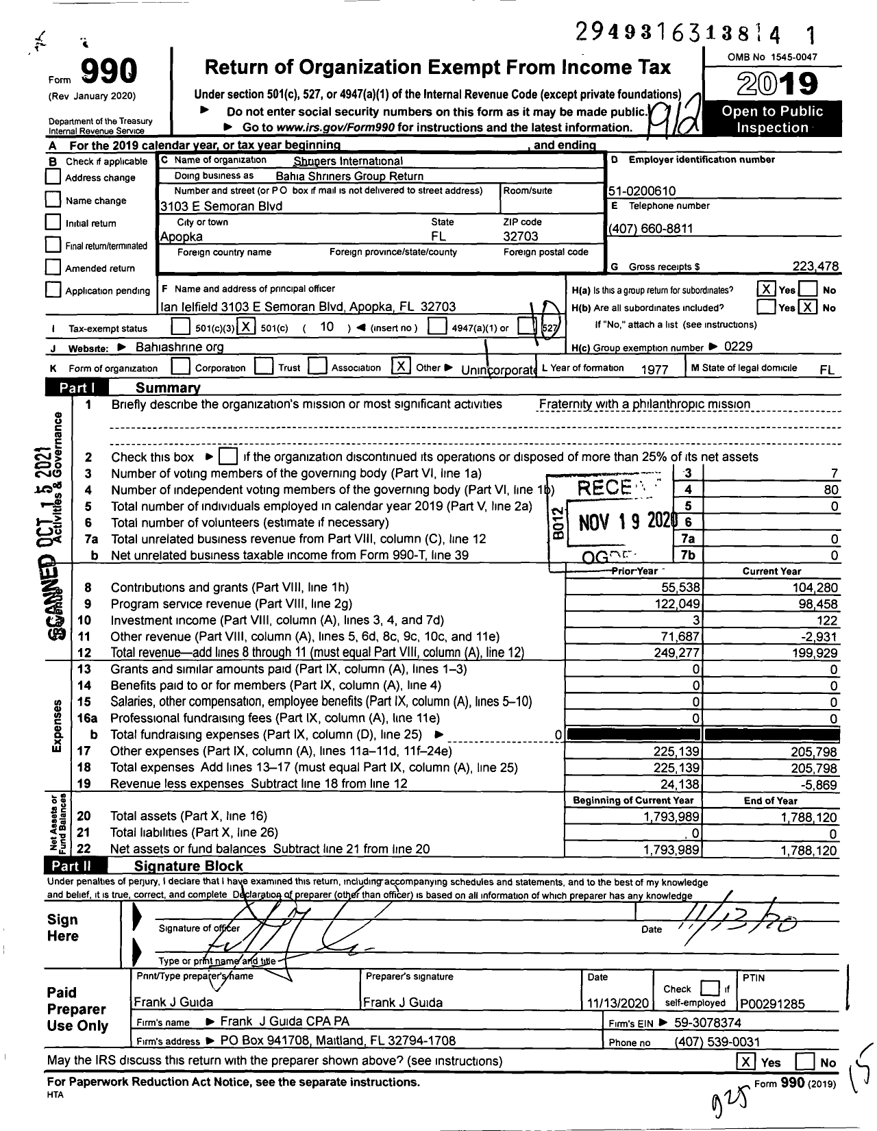 Image of first page of 2019 Form 990O for Shriners International - Bahia Shriners Group Return