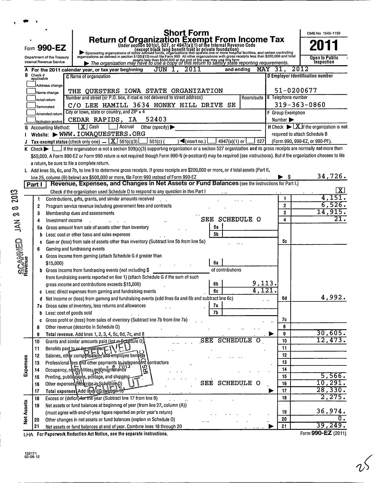 Image of first page of 2011 Form 990EZ for Questers - Questers