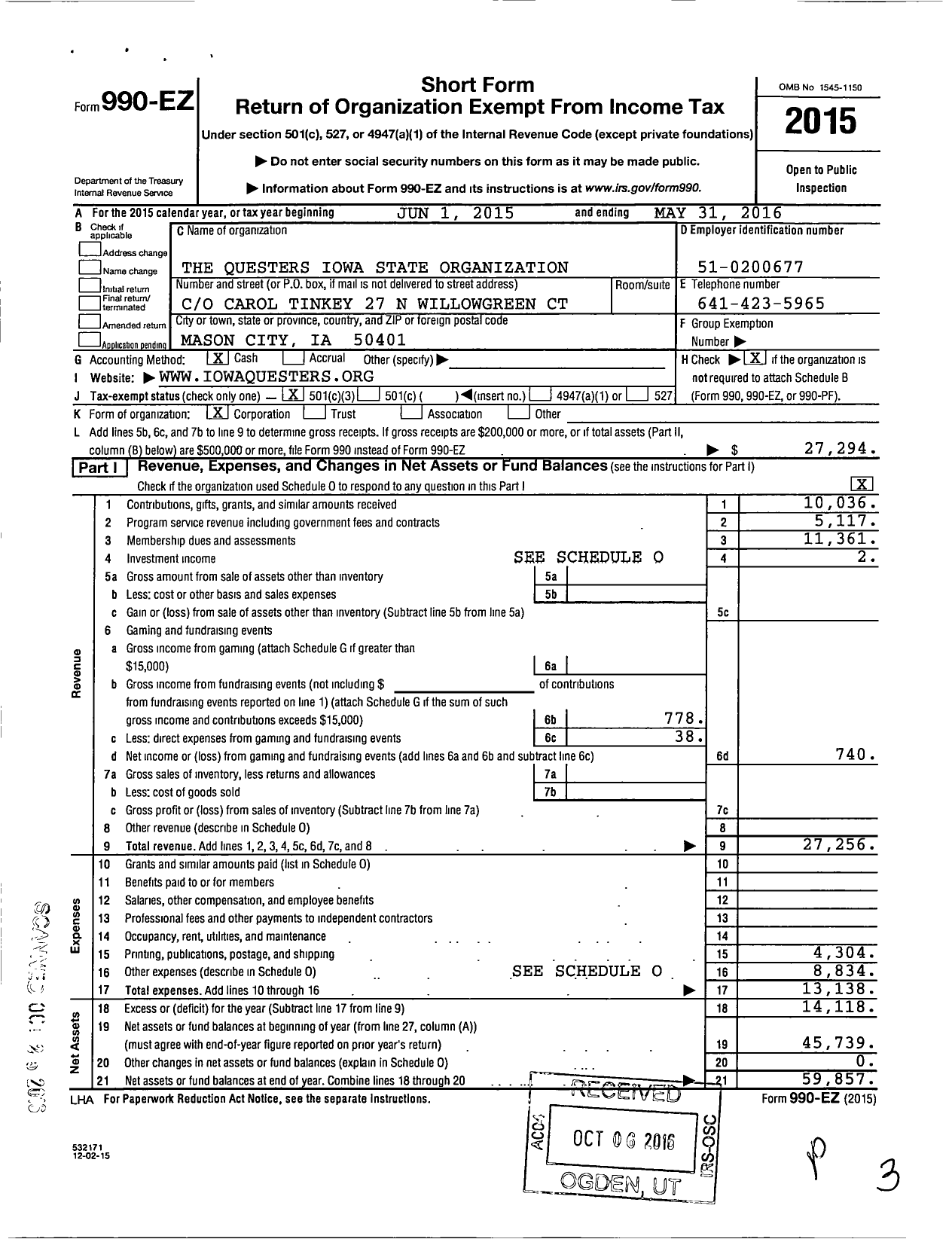 Image of first page of 2015 Form 990EZ for Questers - Questers