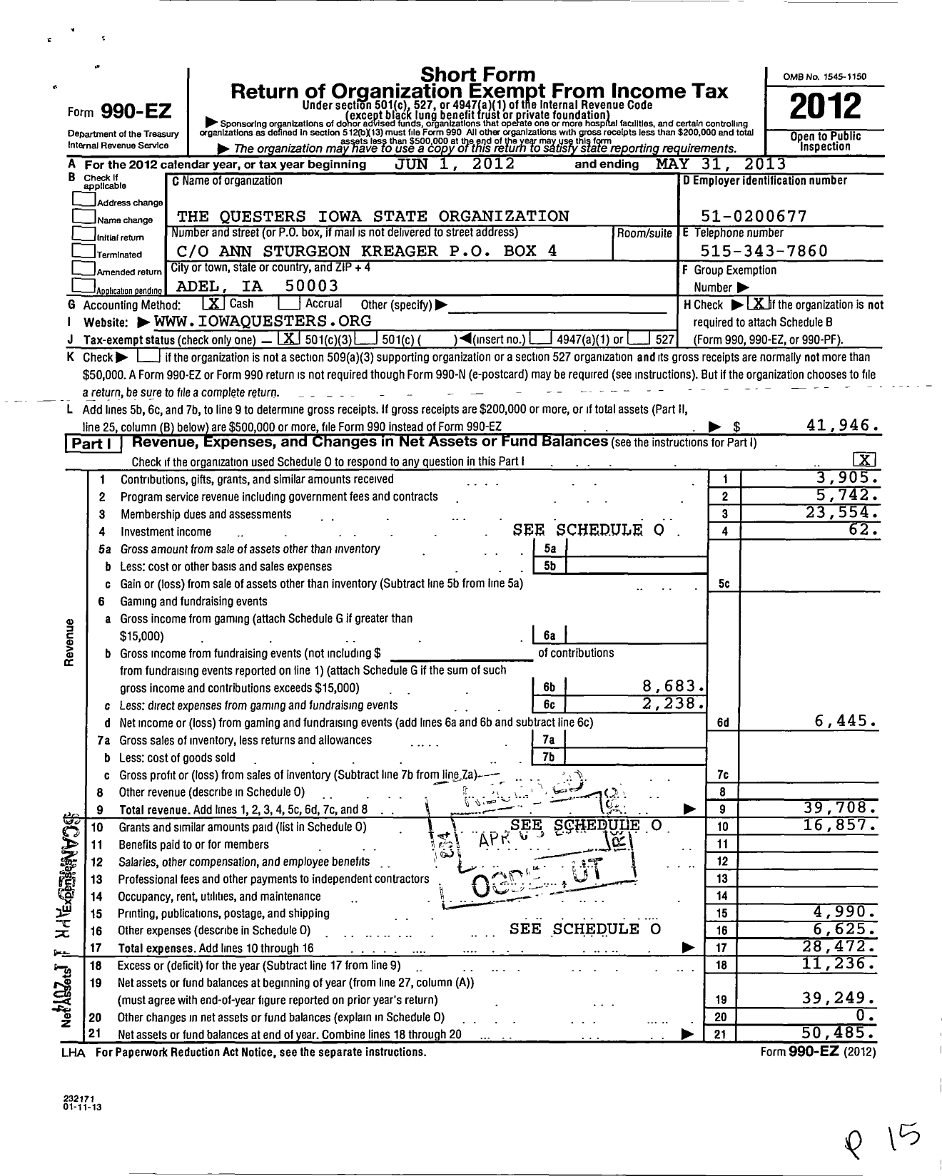 Image of first page of 2012 Form 990EZ for Questers - Questers