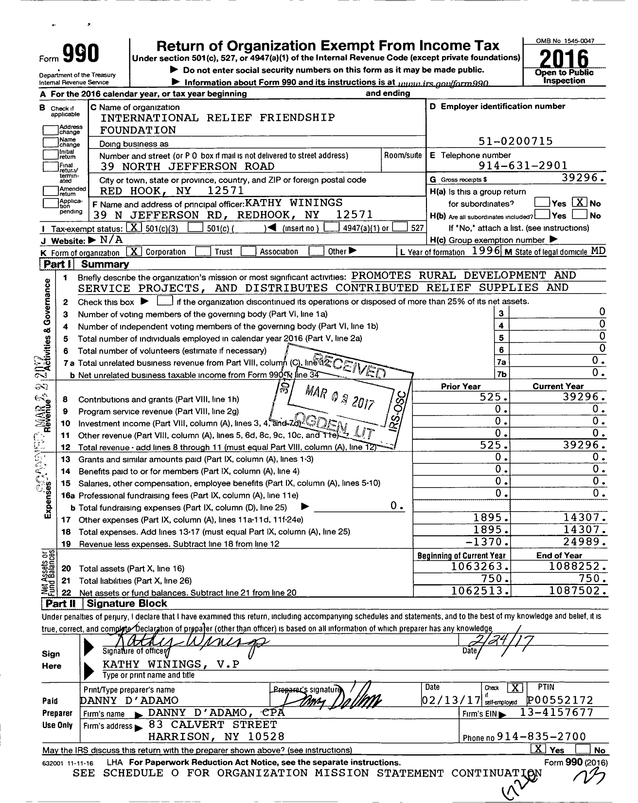 Image of first page of 2016 Form 990 for International Relief Friendship Foundation