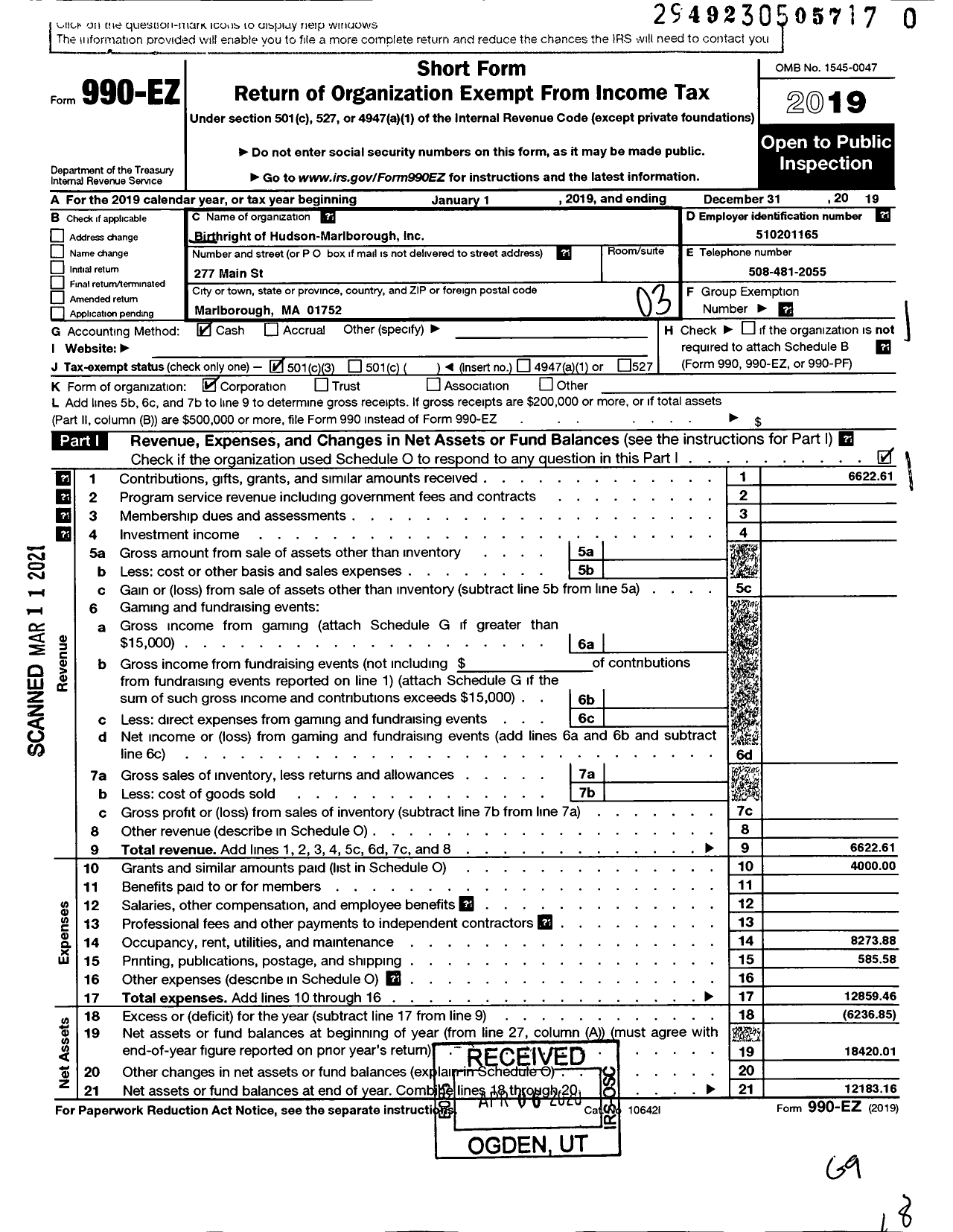 Image of first page of 2019 Form 990EZ for Birthright of Hudson-Marlborough