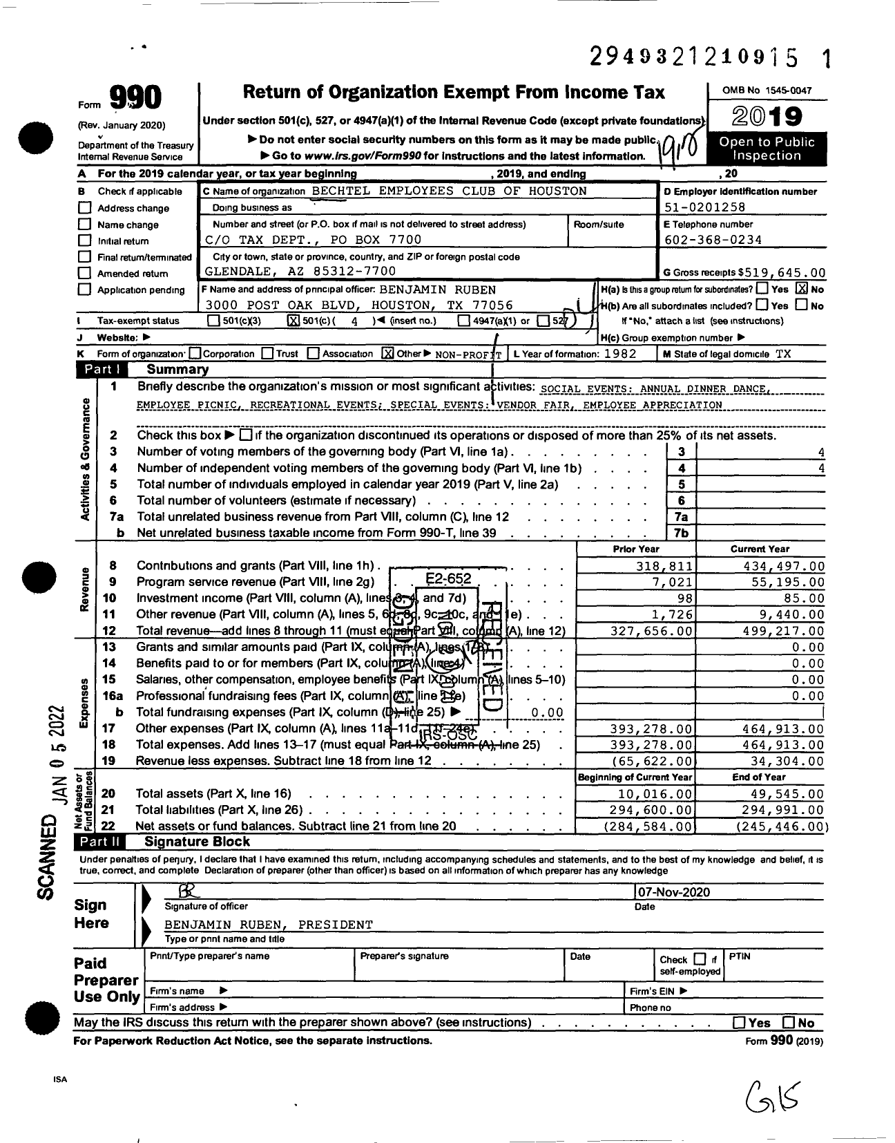 Image of first page of 2019 Form 990O for Bechtel Employees Club of Houston