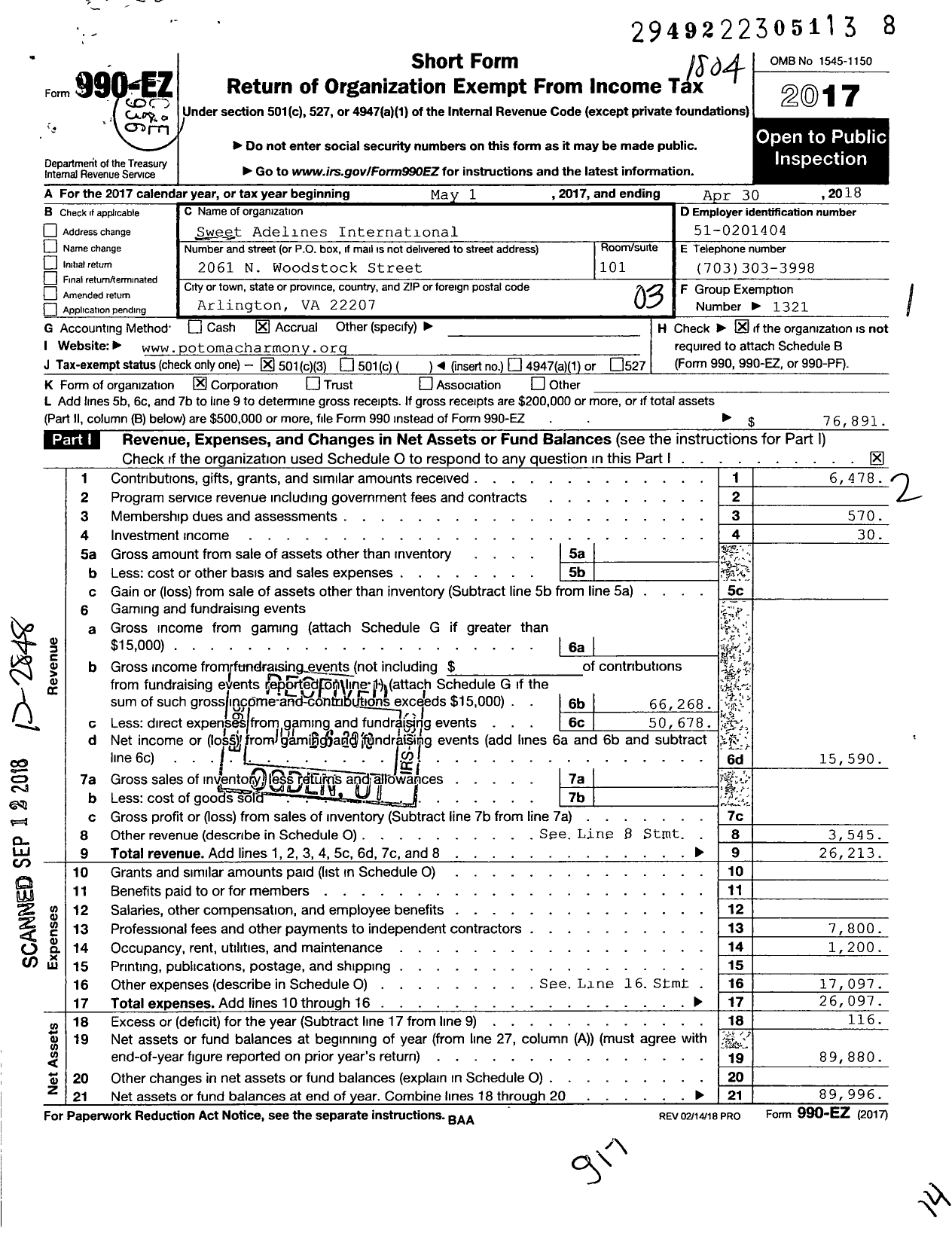 Image of first page of 2017 Form 990EZ for Sweet Adelines International - 110274 Potomac Harmony