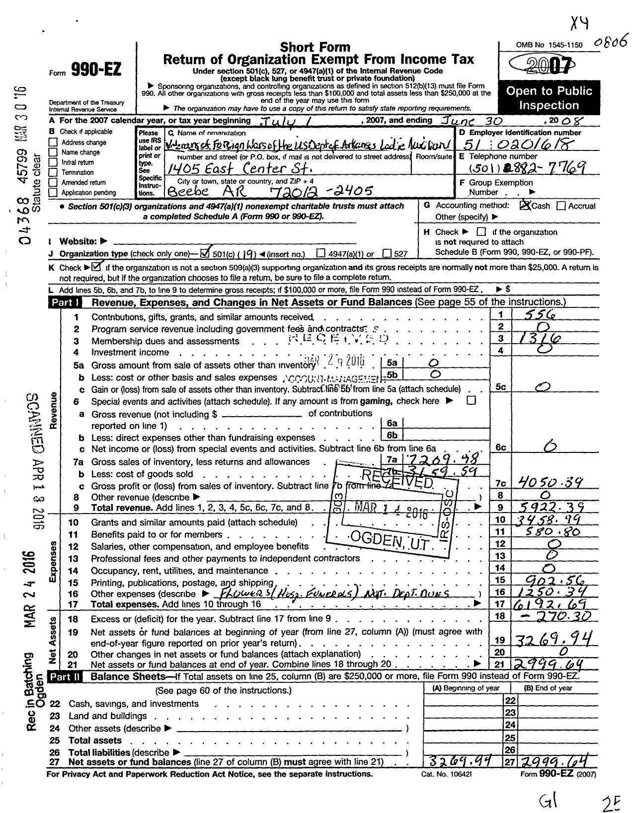 Image of first page of 2007 Form 990EO for Veterans of Foreign Wars of the United States Auxiliary To Fred A