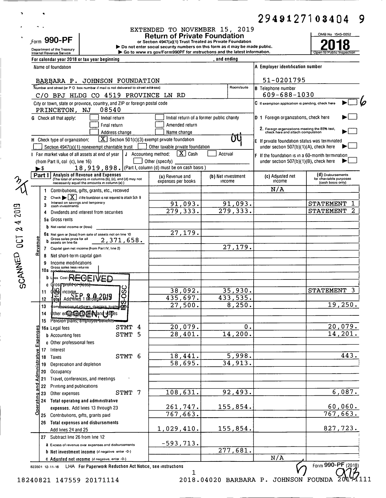 Image of first page of 2018 Form 990PF for Barbara P Johnson Foundation