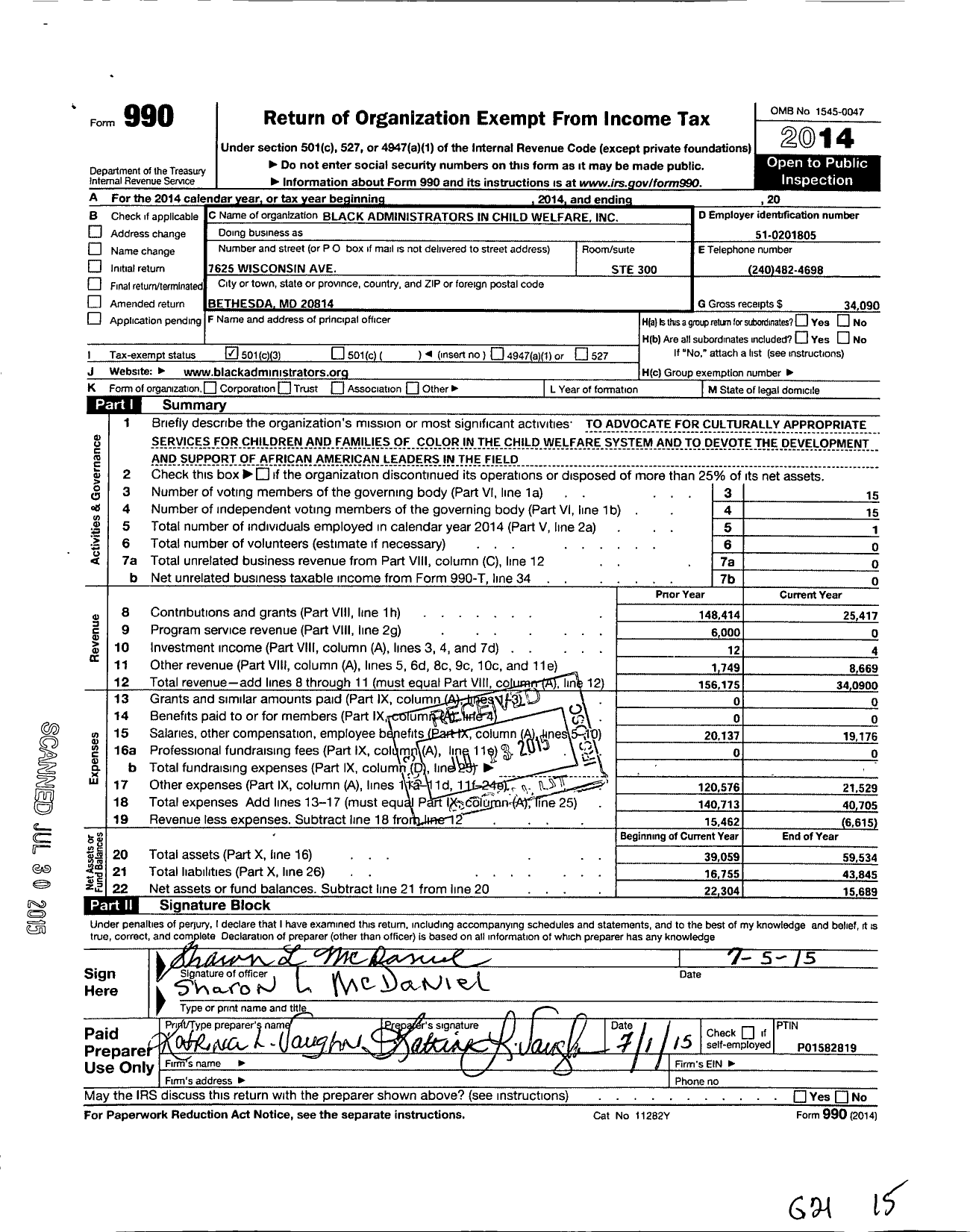 Image of first page of 2014 Form 990 for Black Administrators in Child Welfare