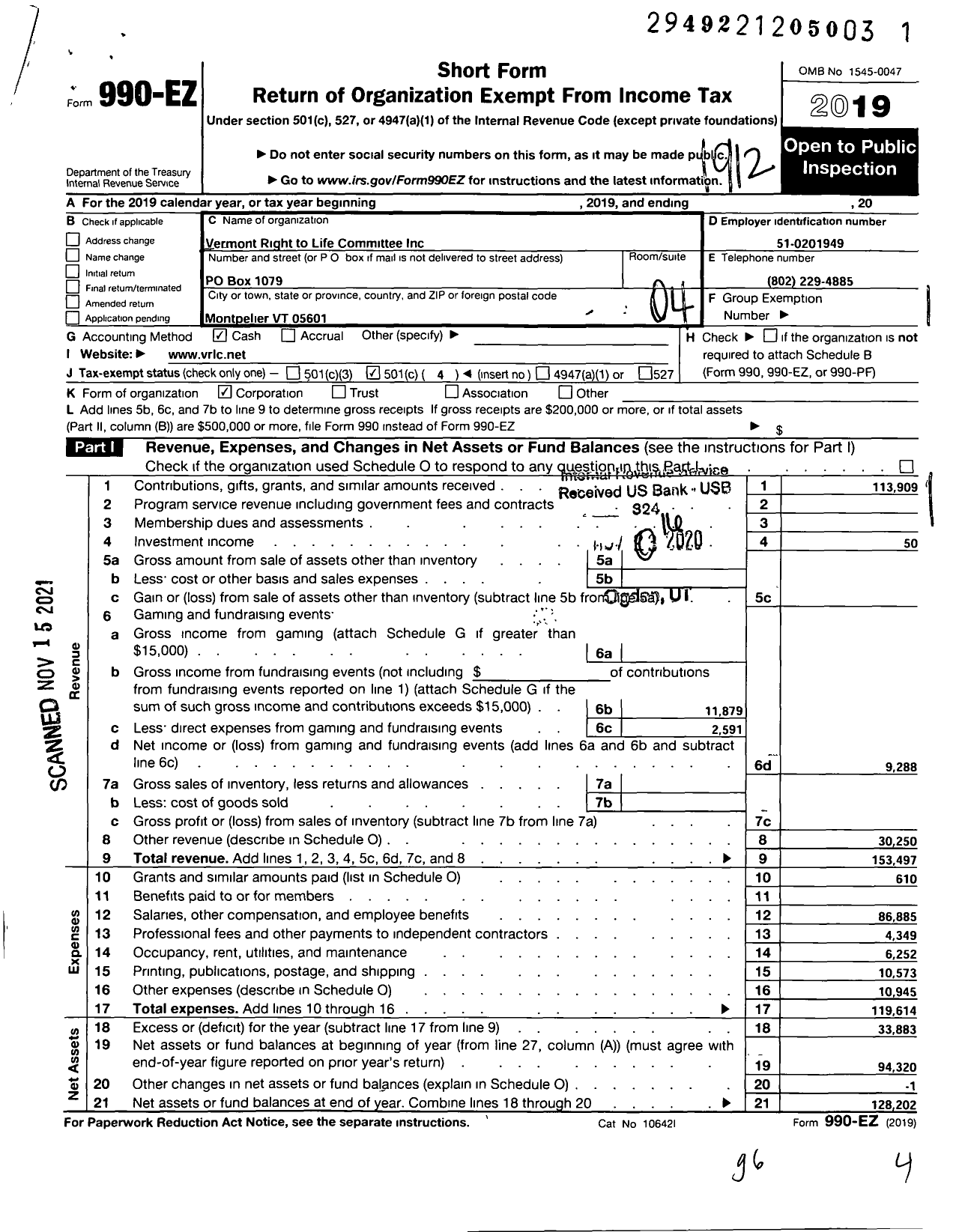 Image of first page of 2019 Form 990EO for Vermont Right To Life Committee