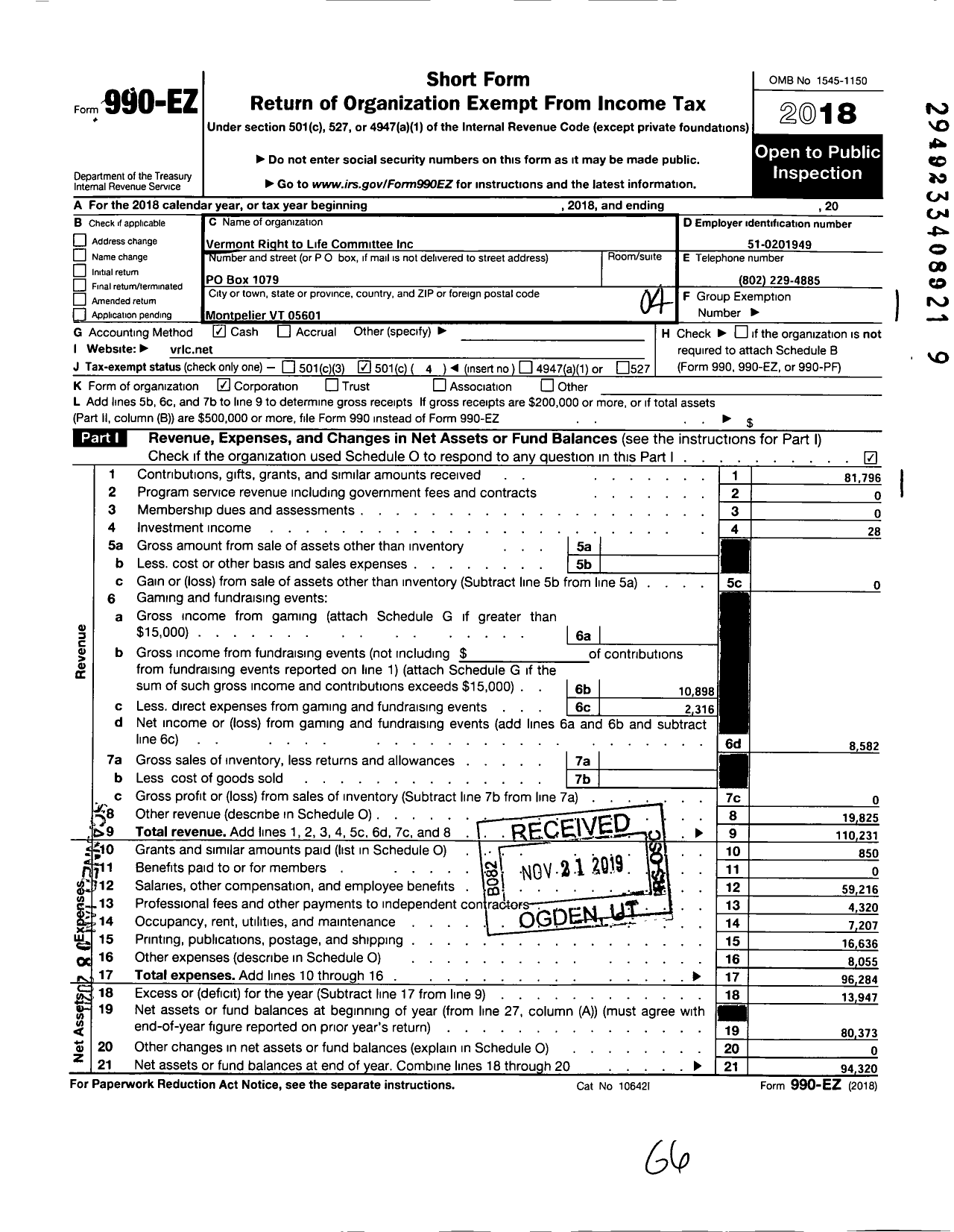 Image of first page of 2018 Form 990EO for Vermont Right To Life Committee