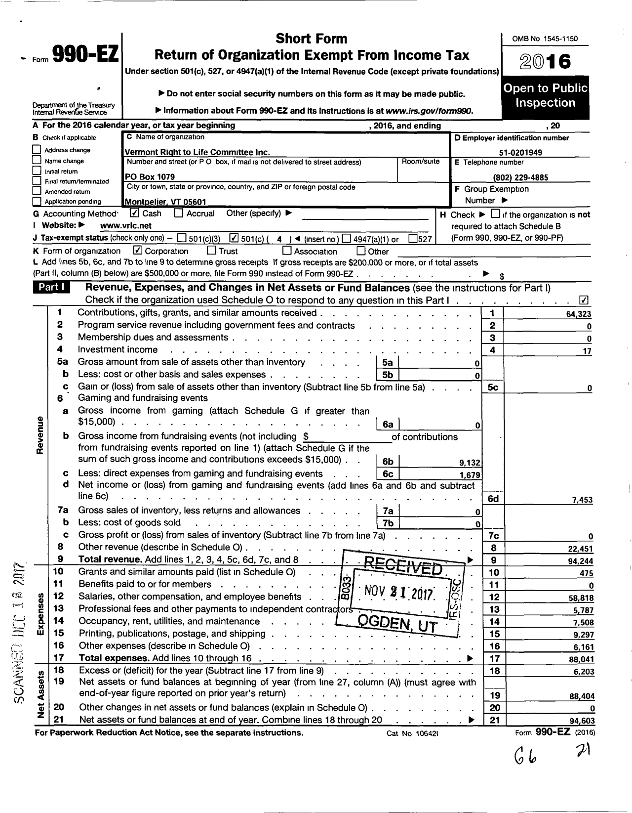 Image of first page of 2016 Form 990EO for Vermont Right To Life Committee