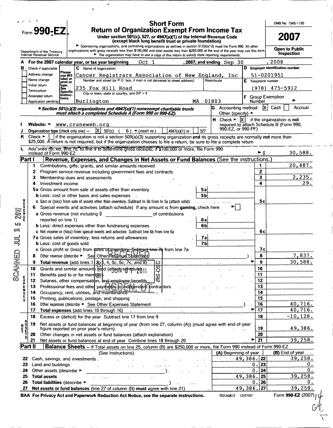 Image of first page of 2007 Form 990EO for Cancer Registrars Association of New England