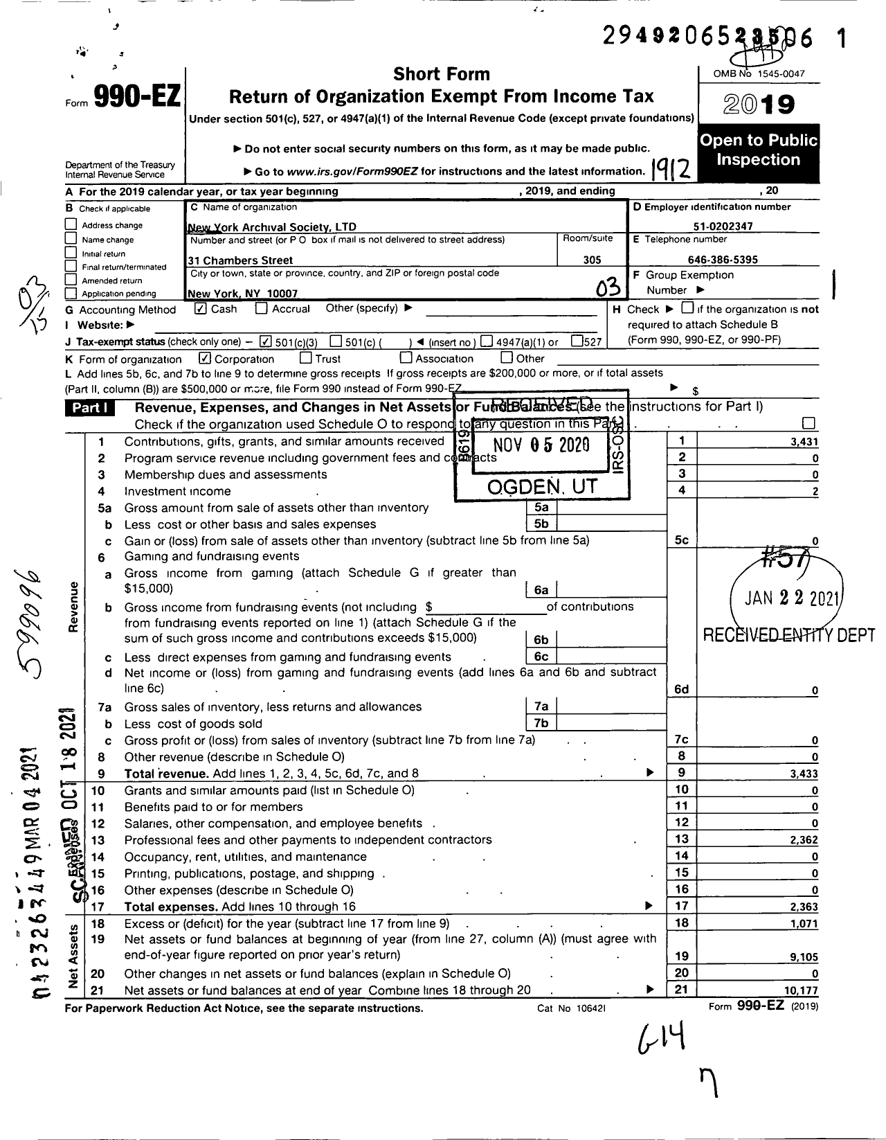 Image of first page of 2019 Form 990EZ for New York Archival Society City Hall