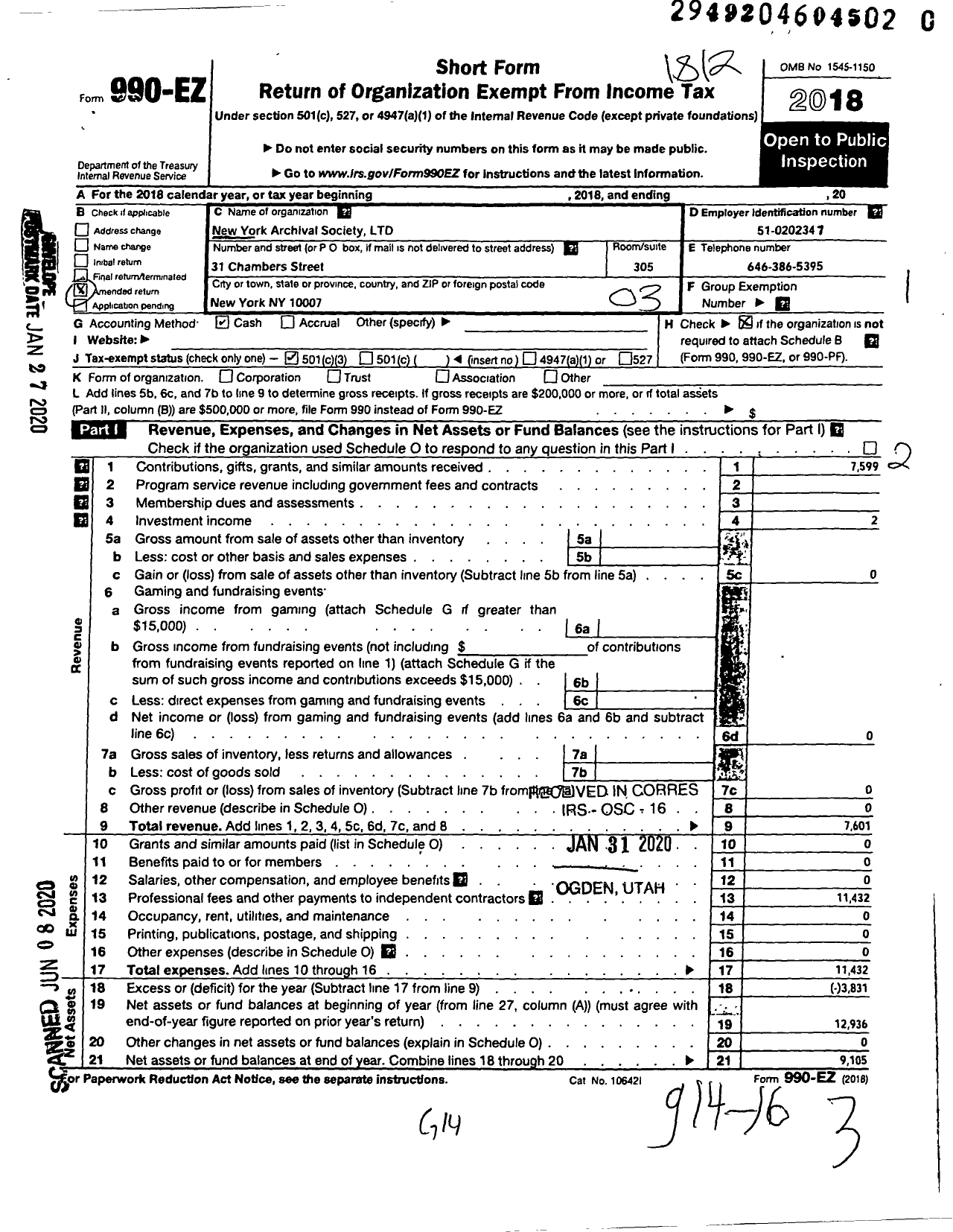 Image of first page of 2018 Form 990EZ for New York Archival Society City Hall