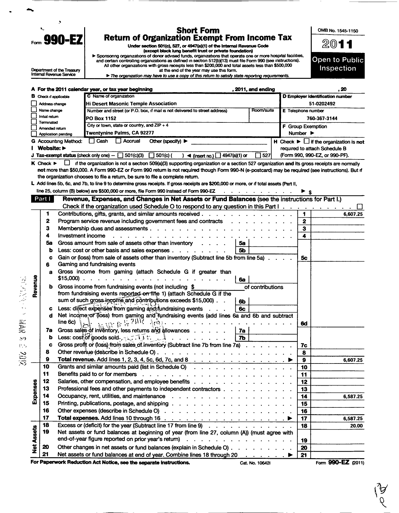 Image of first page of 2011 Form 990EO for Hi-Desert Masonic Temple Association