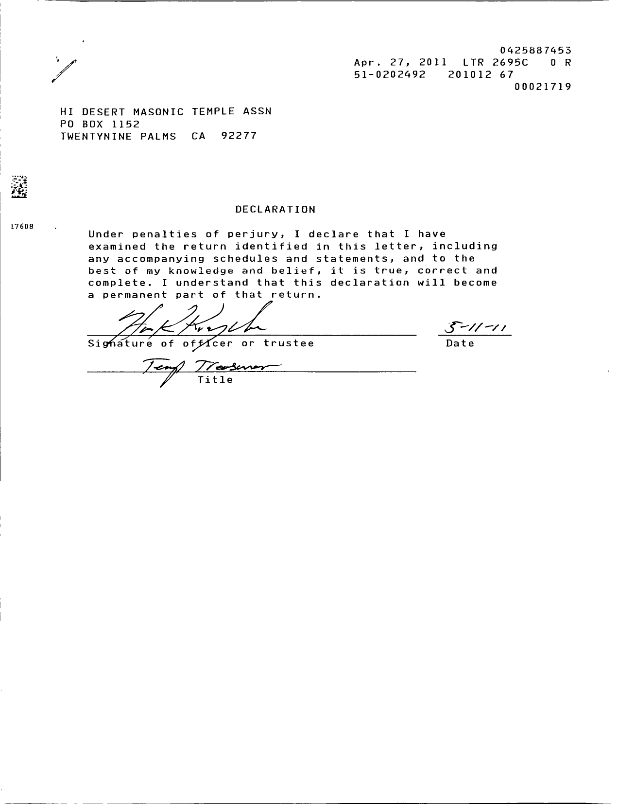 Image of first page of 2010 Form 990ER for Hi-Desert Masonic Temple Association