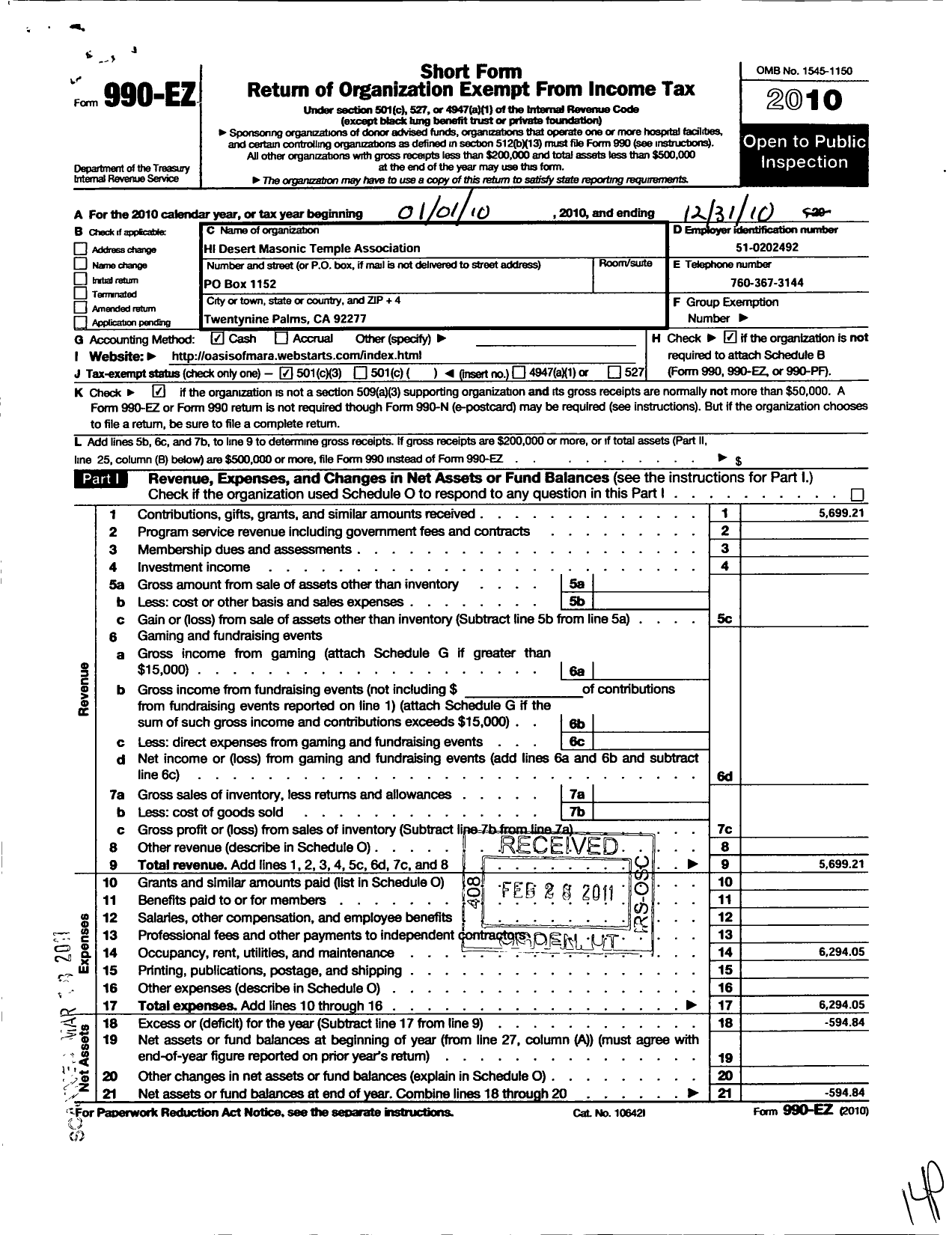 Image of first page of 2010 Form 990EZ for Hi-Desert Masonic Temple Association