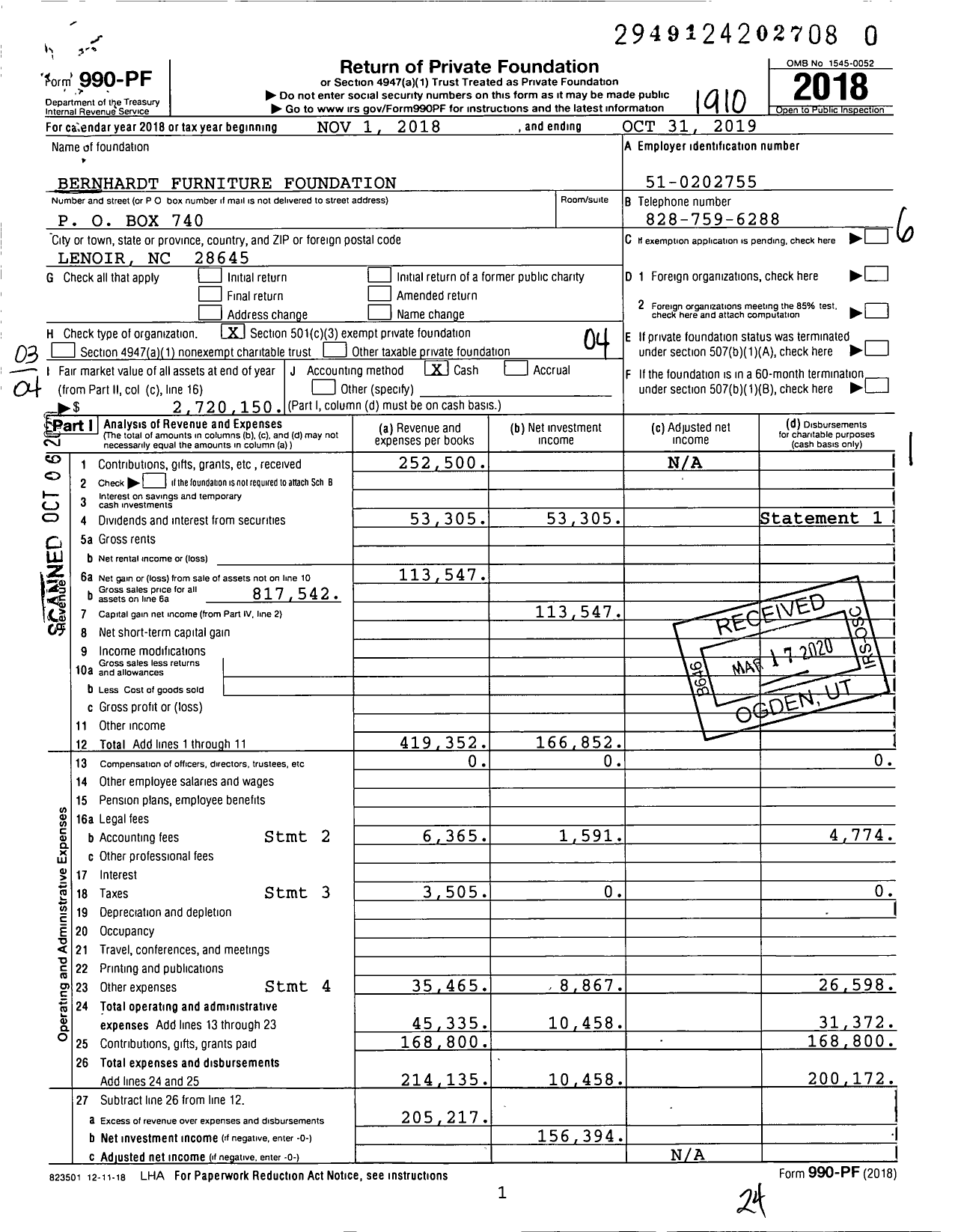 Image of first page of 2018 Form 990PR for Bernhardt Furniture Foundation