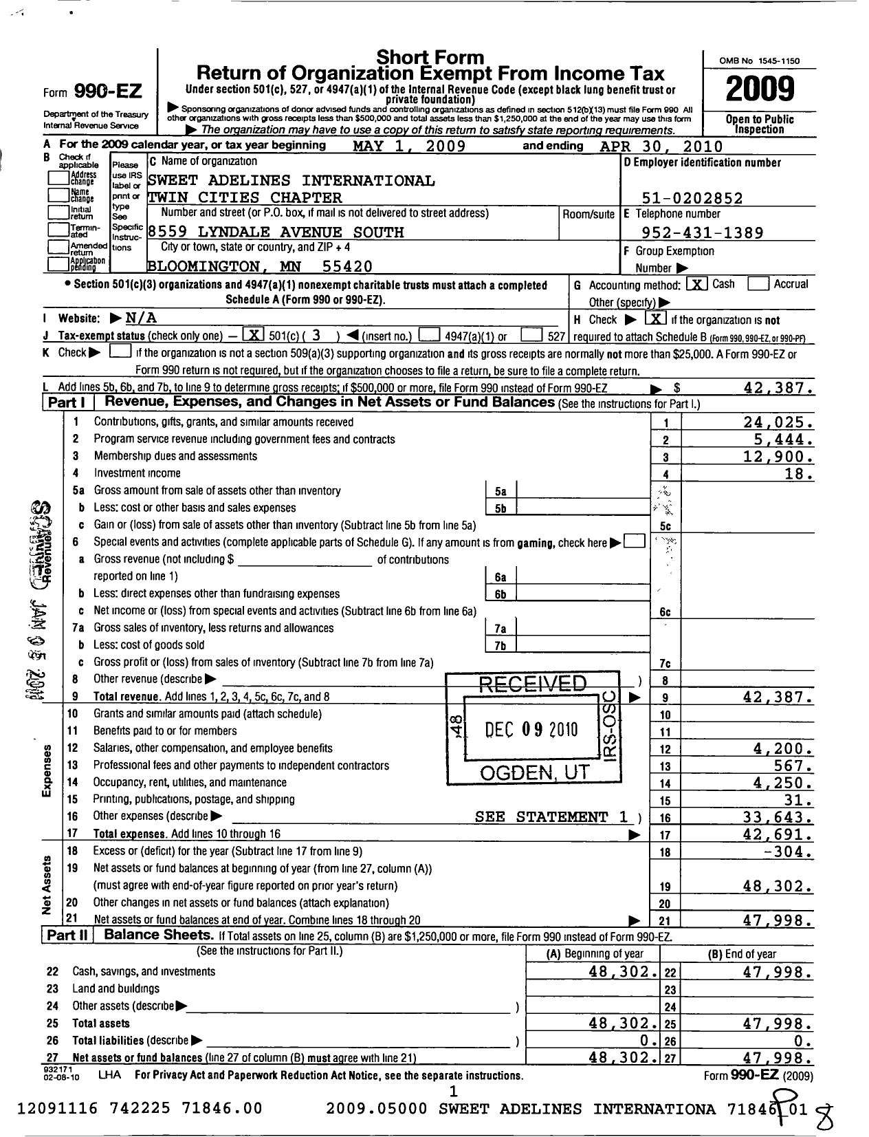 Image of first page of 2009 Form 990EZ for Sweet Adelines International - 110123 Twin Cities Show