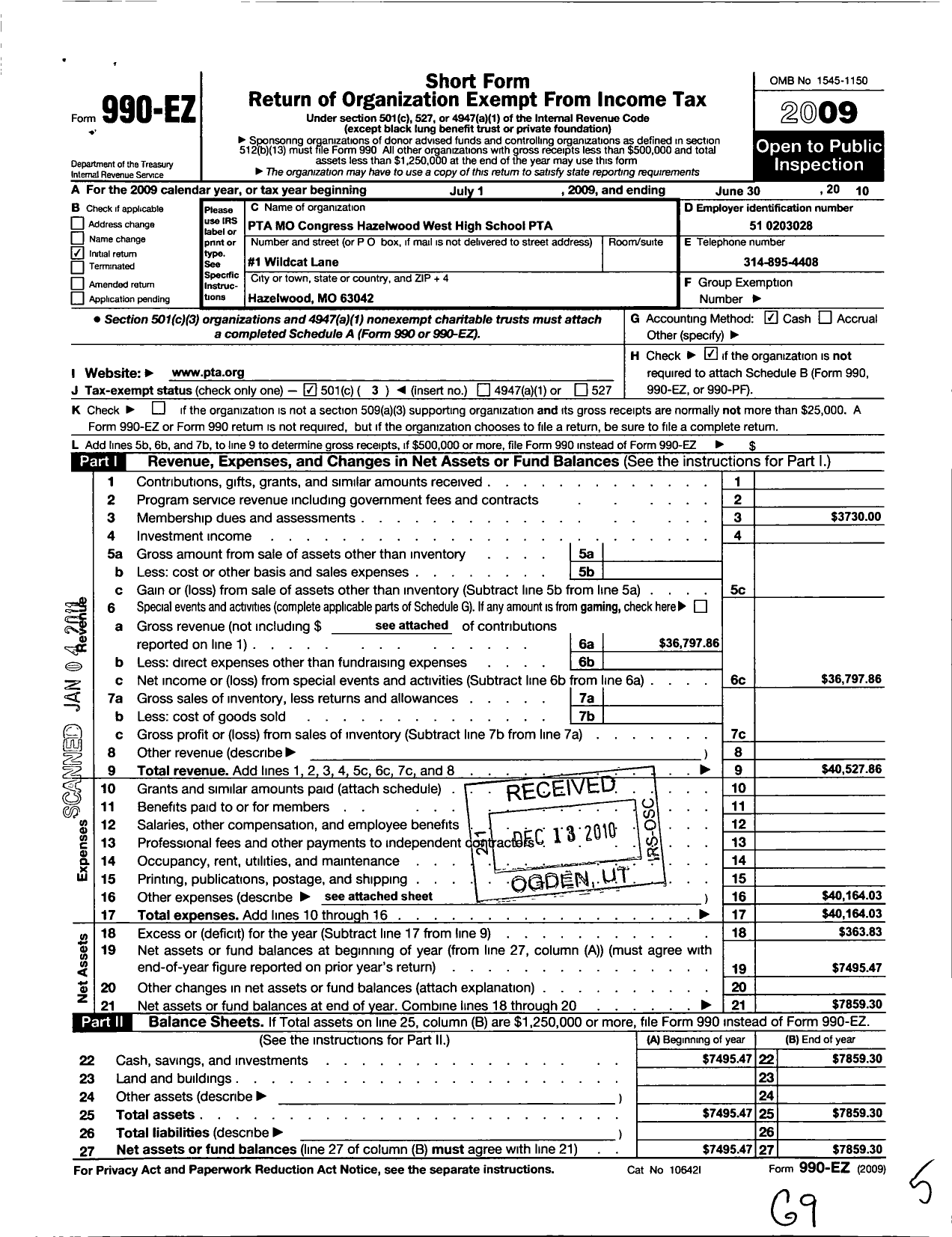 Image of first page of 2009 Form 990EZ for PTA Missouri Congress / Hazelwood West HGH SCHL Ptsa