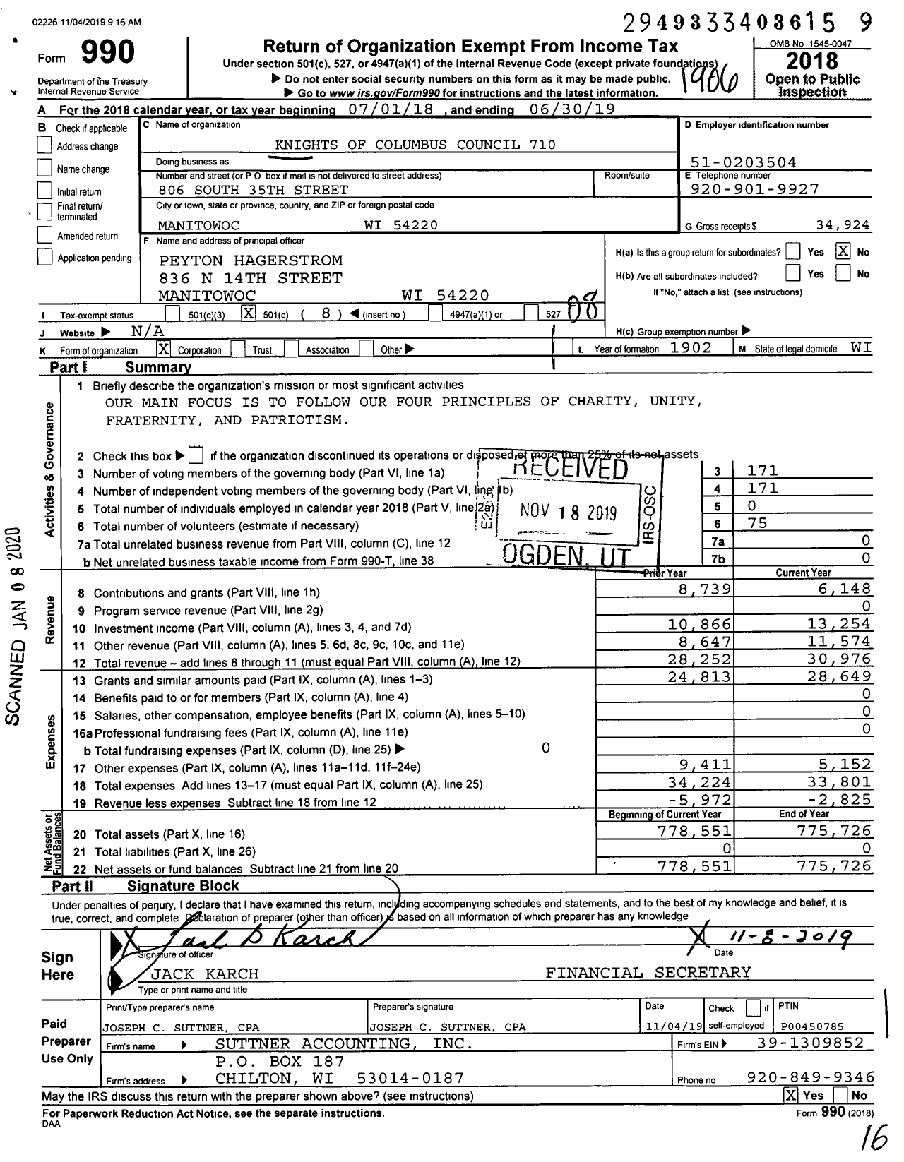 Image of first page of 2018 Form 990O for Knights of Columbus - 710 Manitowoc Council