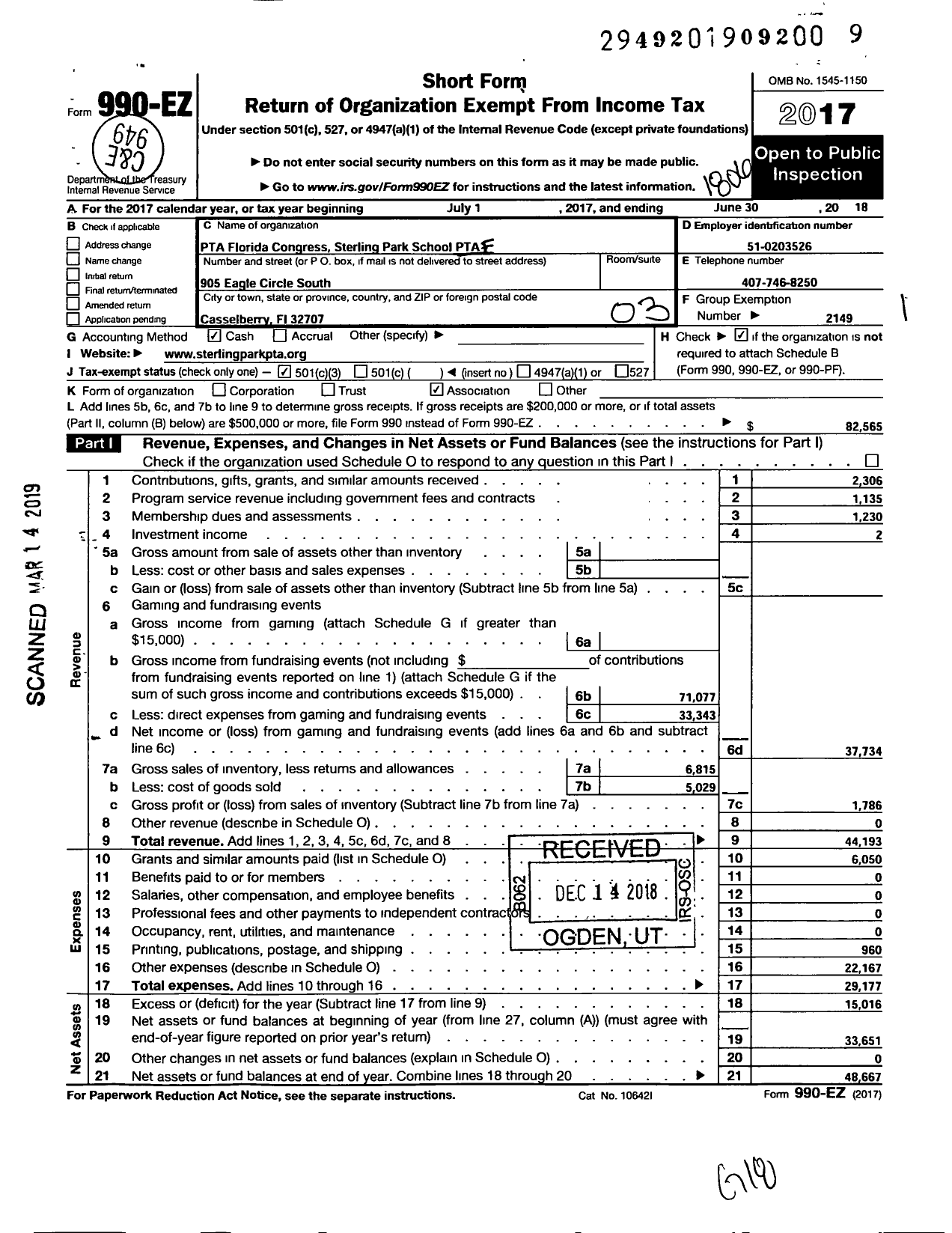 Image of first page of 2017 Form 990EZ for PTA Florida Congress - Sterling Park School PTA
