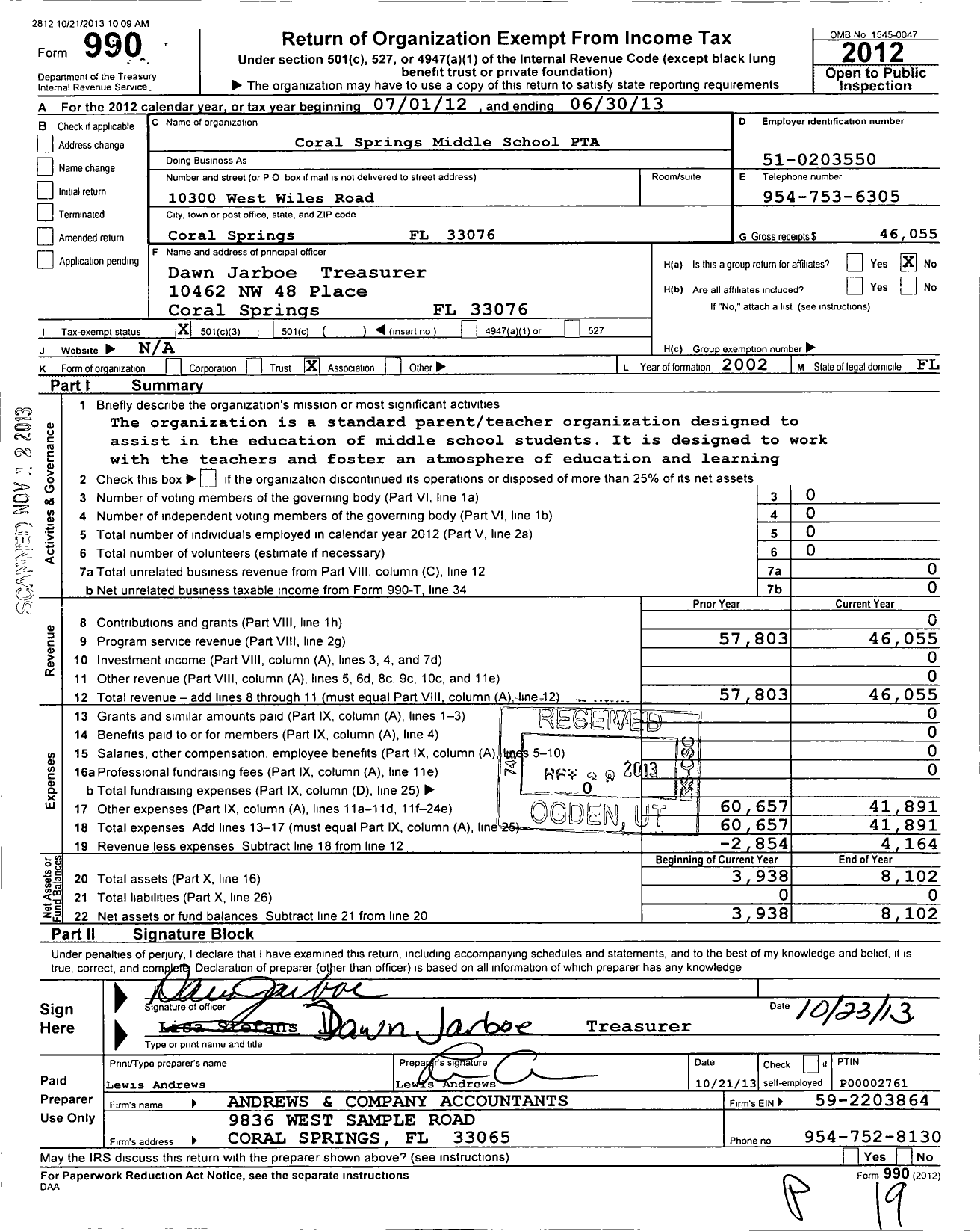 Image of first page of 2012 Form 990 for PTA Florida Congress - Coral Springs Middle School PTA