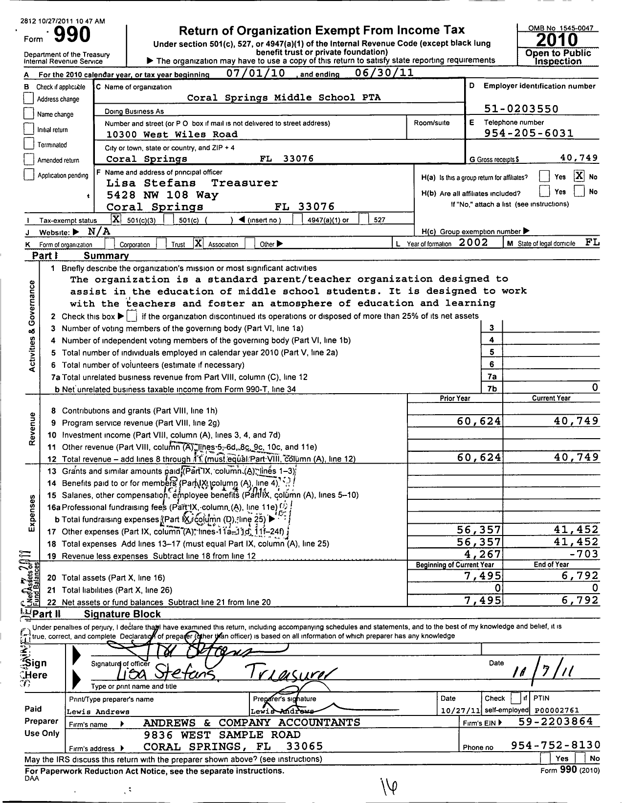 Image of first page of 2010 Form 990 for PTA Florida Congress - Coral Springs Middle School PTA