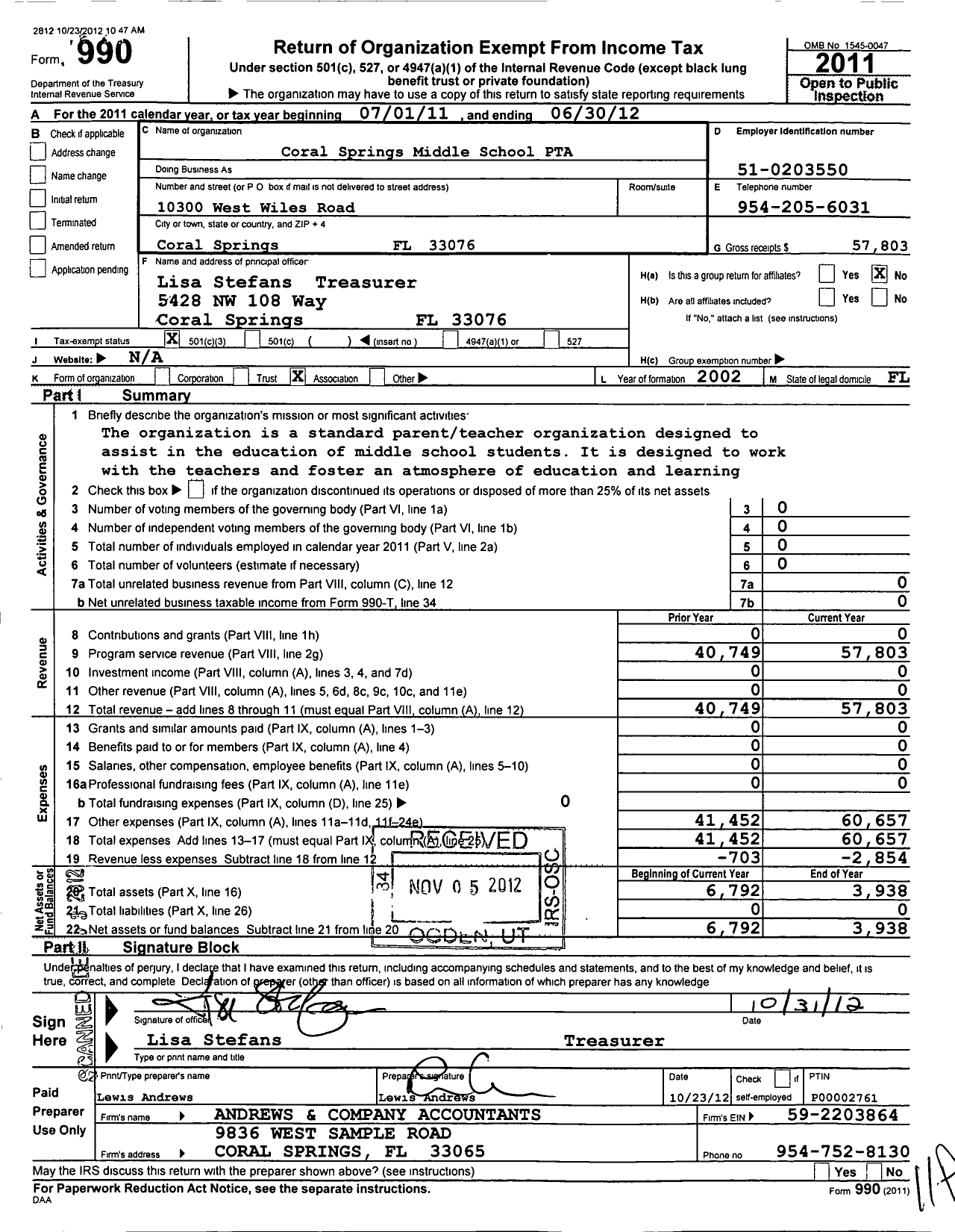 Image of first page of 2011 Form 990 for PTA Florida Congress - Coral Springs Middle School PTA