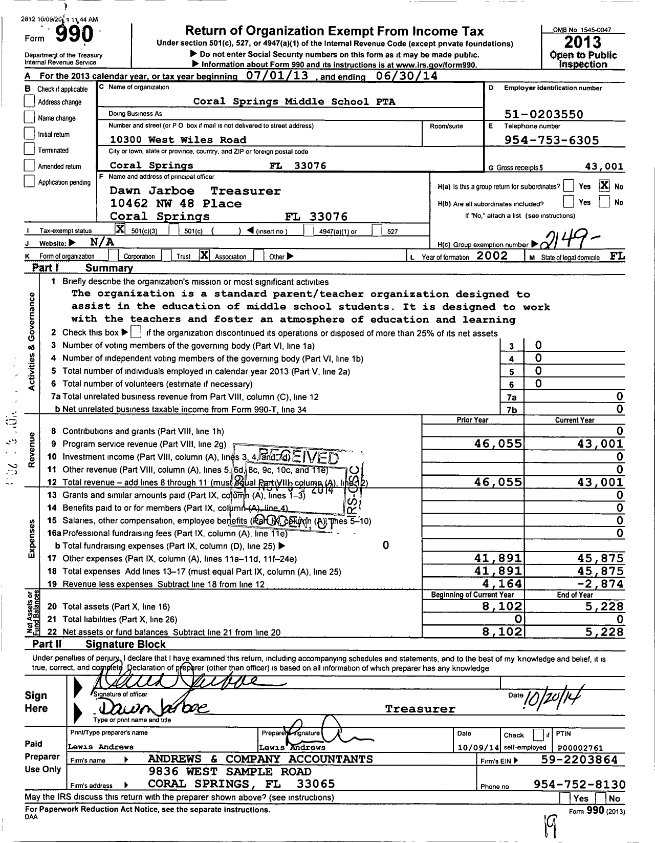 Image of first page of 2013 Form 990 for PTA Florida Congress - Coral Springs Middle School PTA