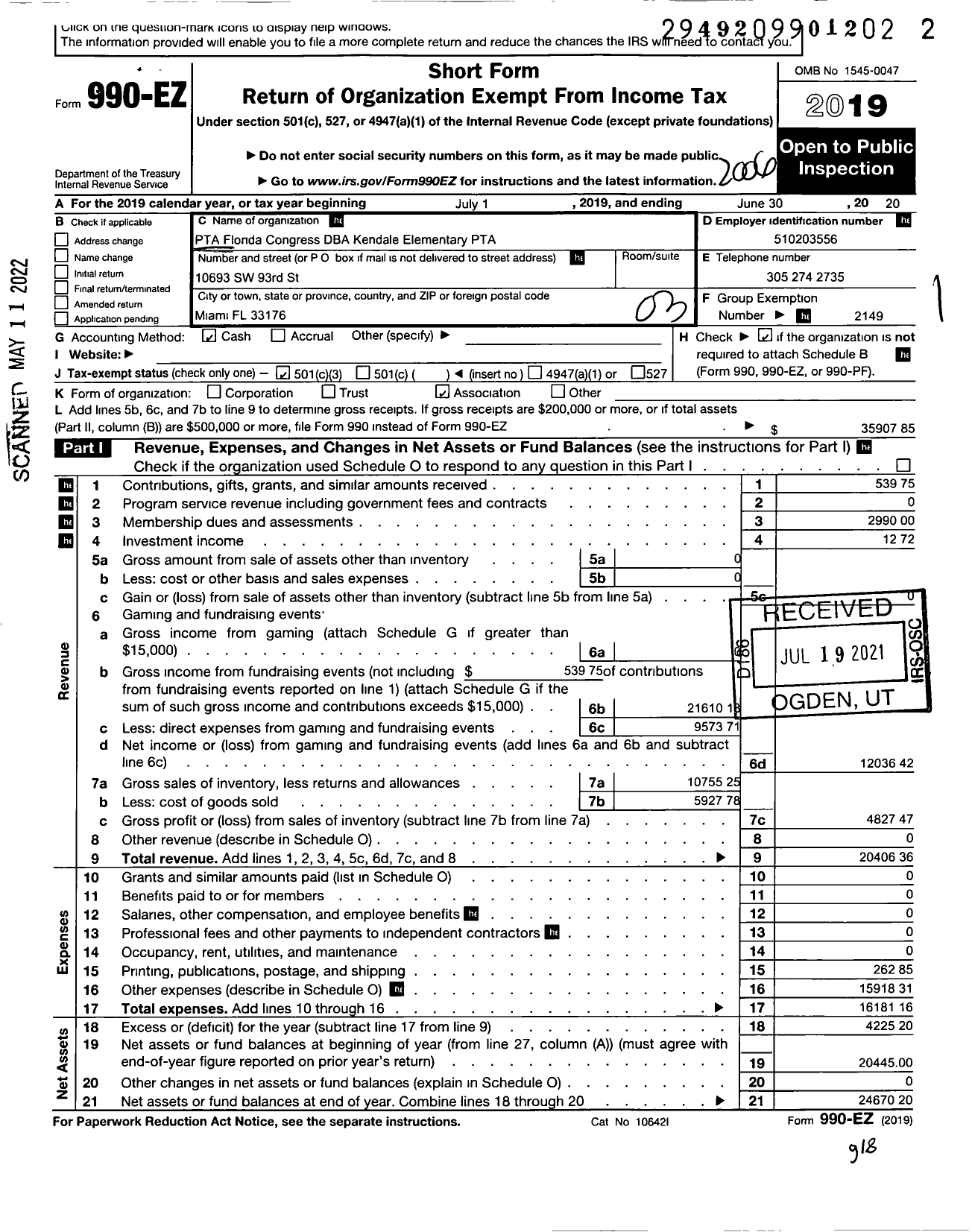 Image of first page of 2019 Form 990EZ for PTA FLORIDA CONGRESS - Kendale Elementary School PTA