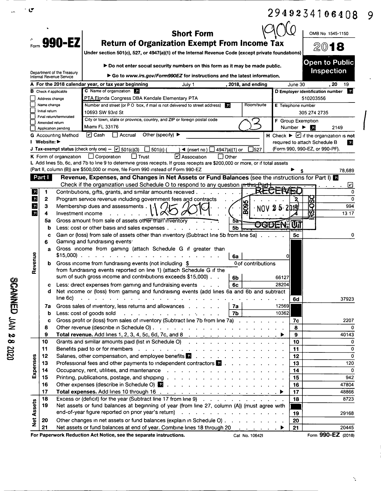 Image of first page of 2018 Form 990EZ for PTA FLORIDA CONGRESS - Kendale Elementary School PTA