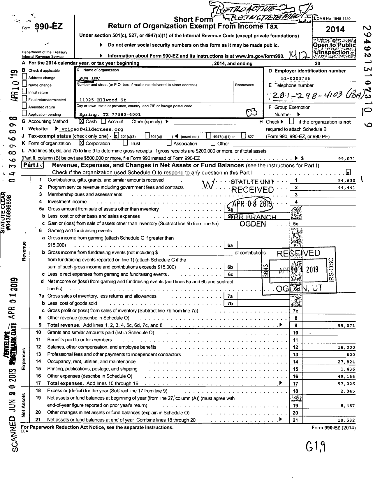 Image of first page of 2014 Form 990EZ for Vow