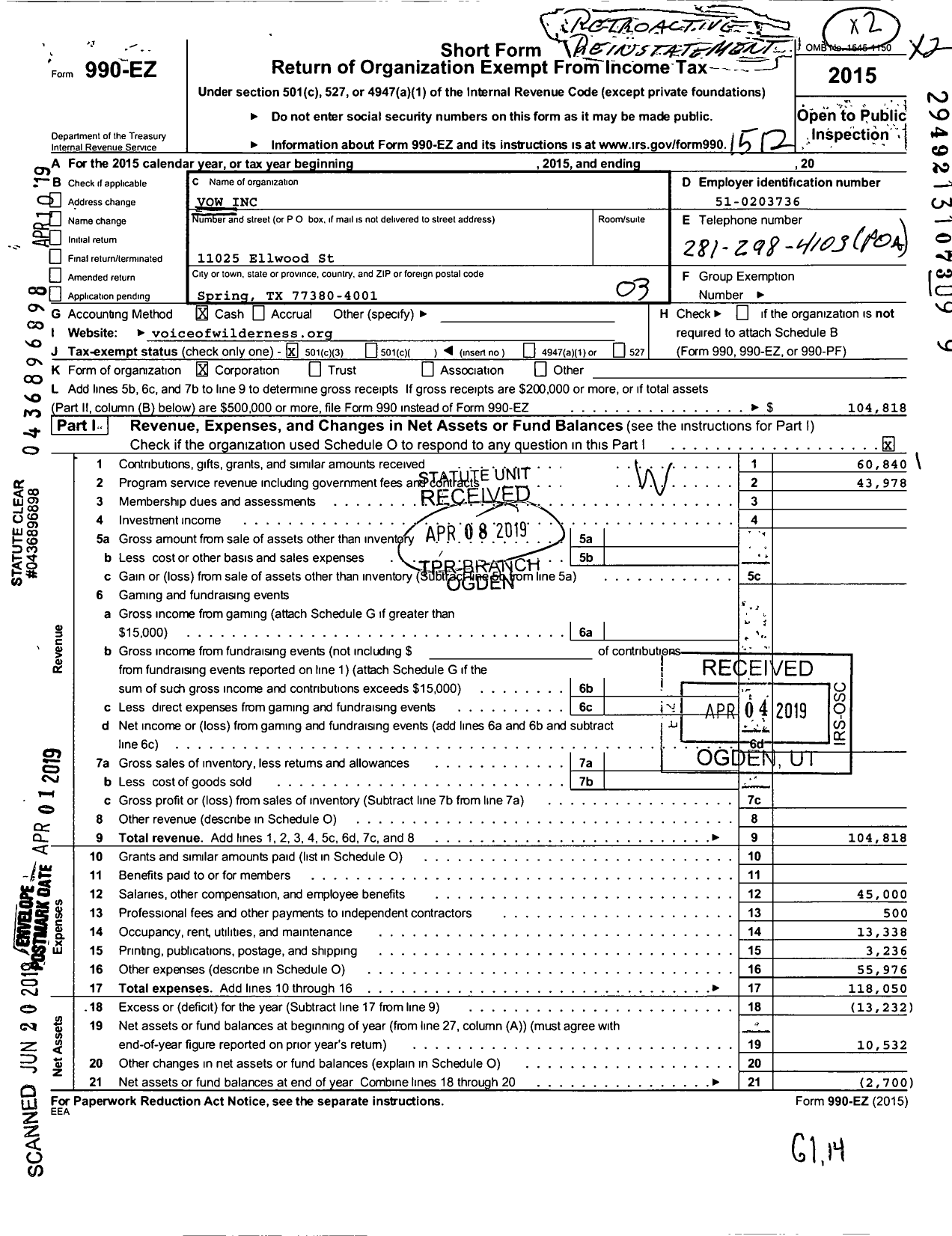 Image of first page of 2015 Form 990EZ for Vow