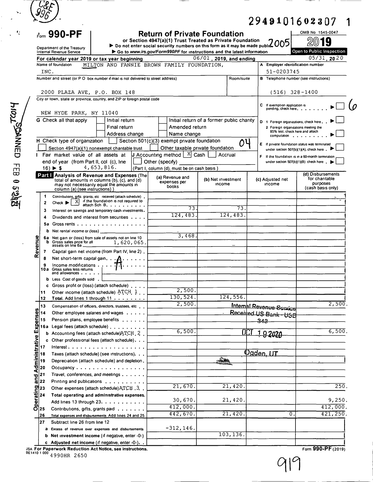 Image of first page of 2019 Form 990PF for Milton and Fannie Brown Family Foundation