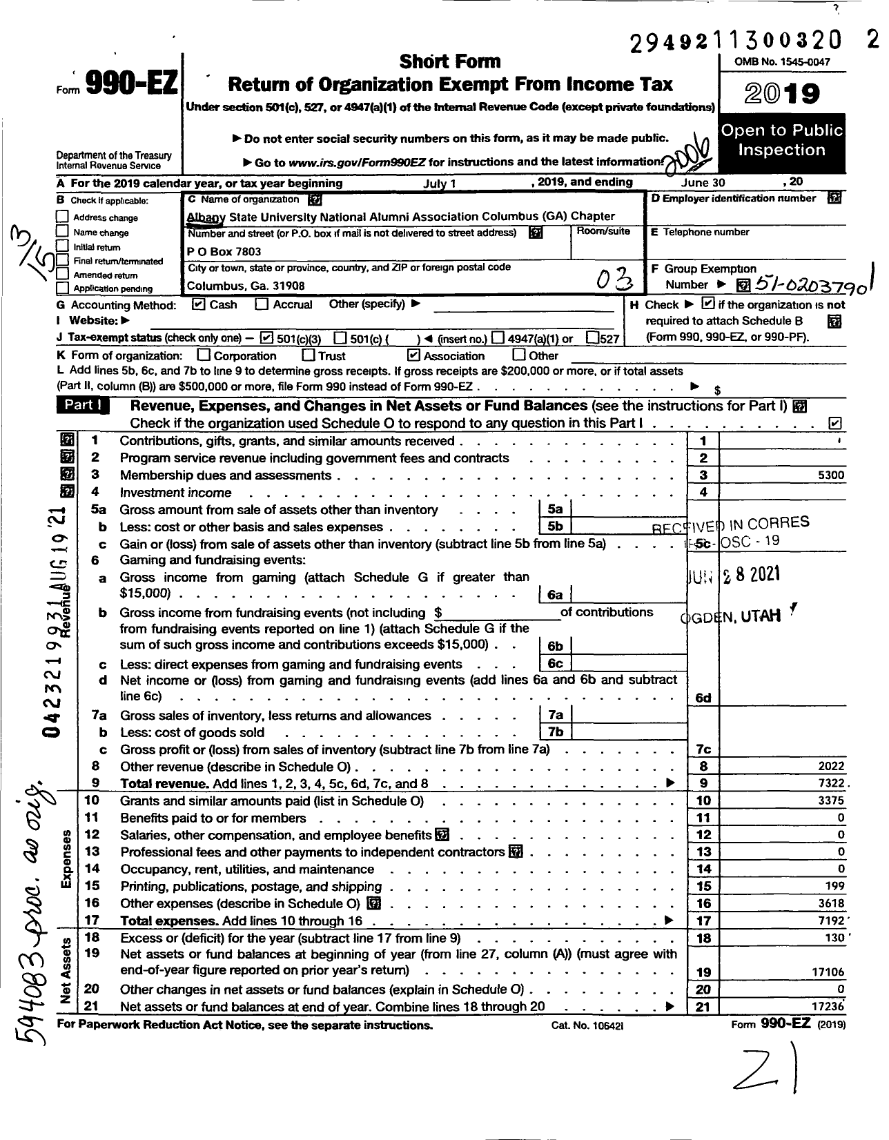 Image of first page of 2019 Form 990EZ for Albany State University National Alumni Association / Columbus Area Chapter