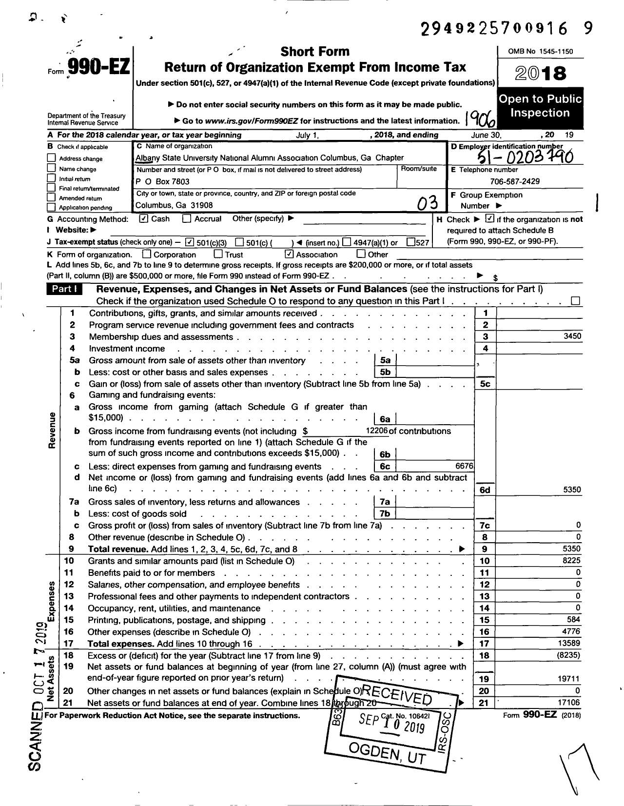 Image of first page of 2018 Form 990EZ for Albany State University National Alumni Association / Columbus Area Chapter