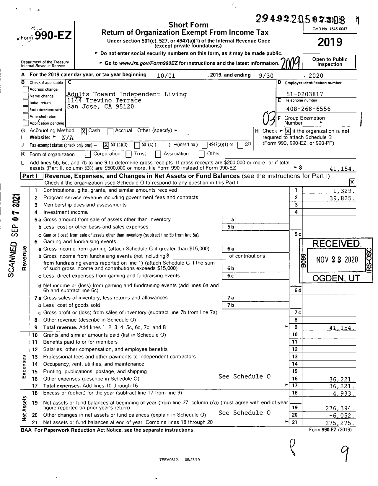 Image of first page of 2019 Form 990EZ for Adults Toward Independent Living