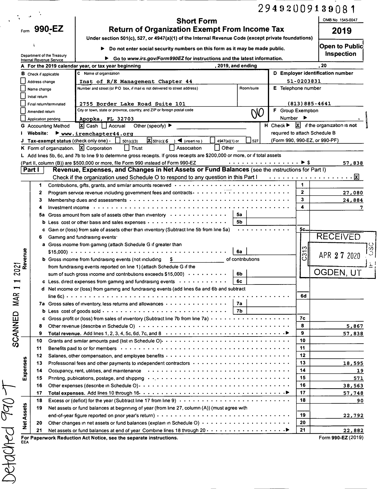 Image of first page of 2019 Form 990EO for Institute of Real Estate Management - 44 Florida West Coast