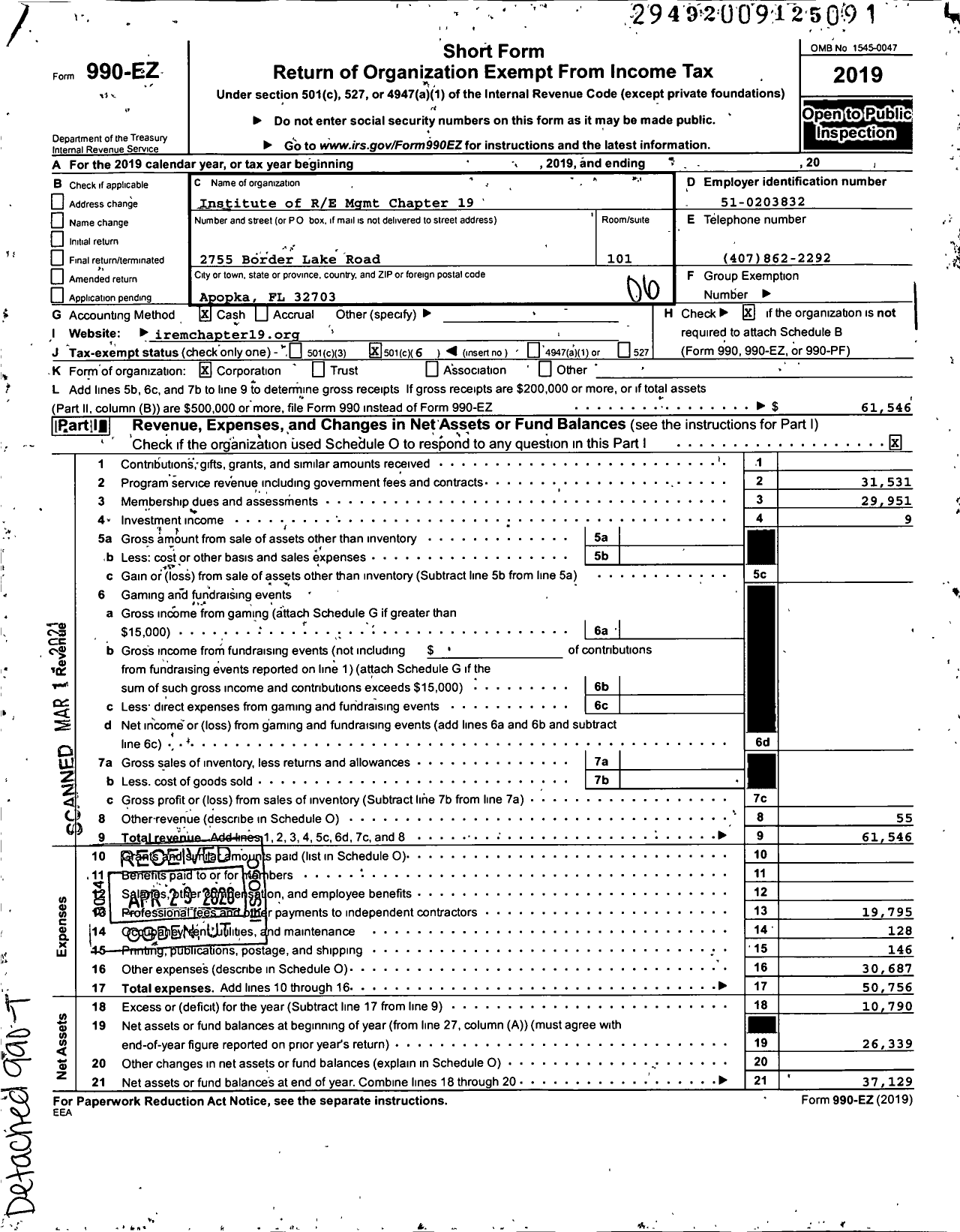 Image of first page of 2019 Form 990EO for Institute of Real Estate Management - 19 South Florida