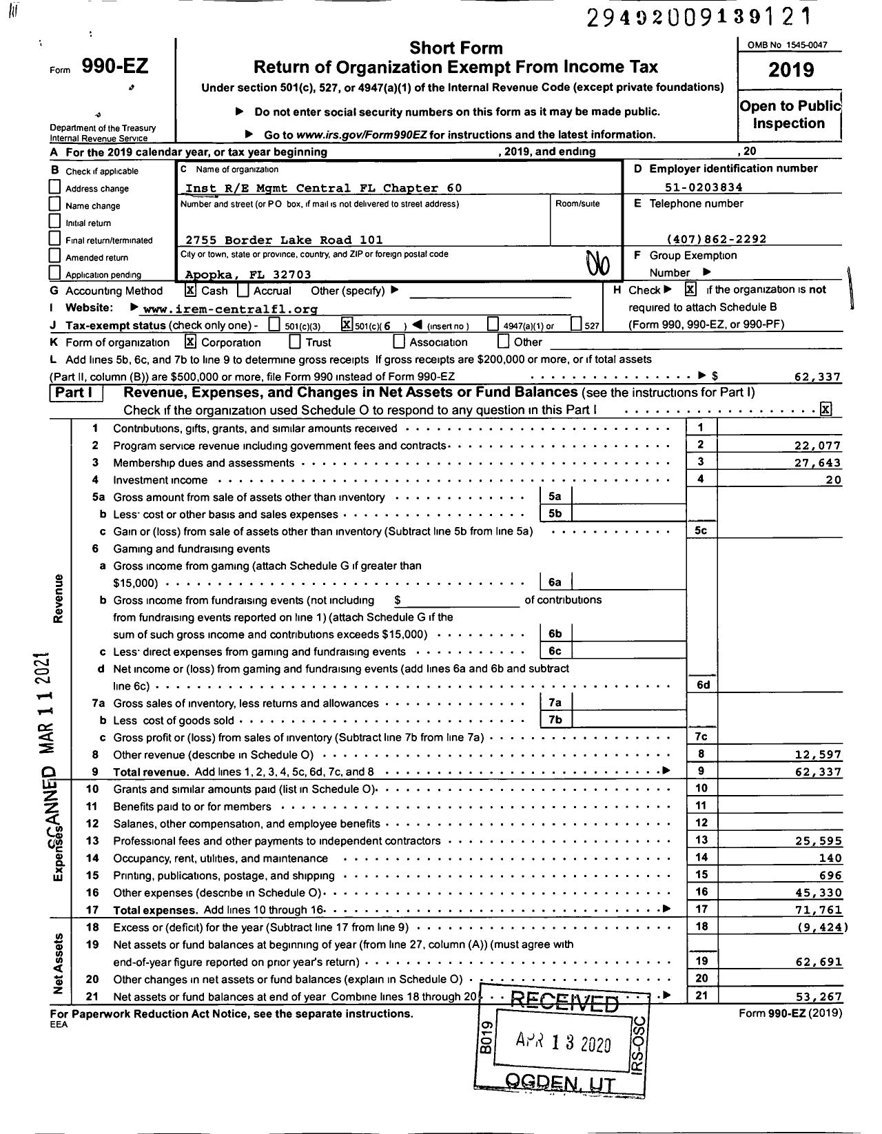 Image of first page of 2019 Form 990EO for Institute of Real Estate Management - Irem - Central Florida Chapter 60