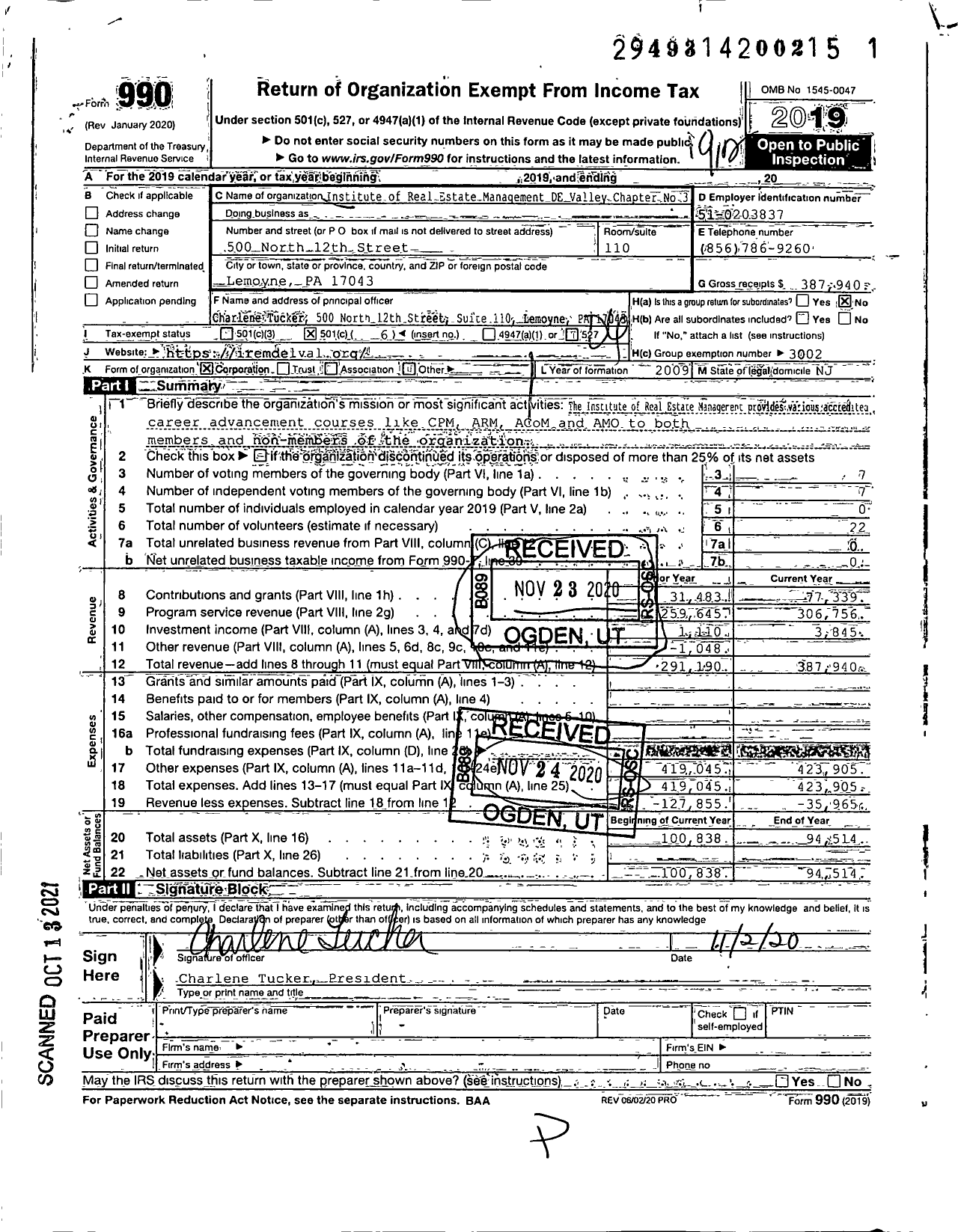 Image of first page of 2019 Form 990O for Institute of Real Estate Management - Irem Delaware Valley 3