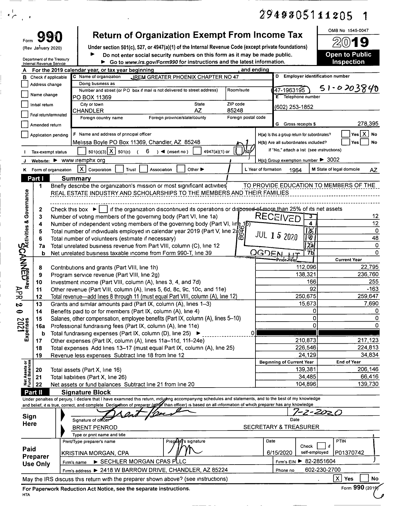 Image of first page of 2019 Form 990O for Institute of Real Estate Management - IREM Greater Phoenix Chapter No 47