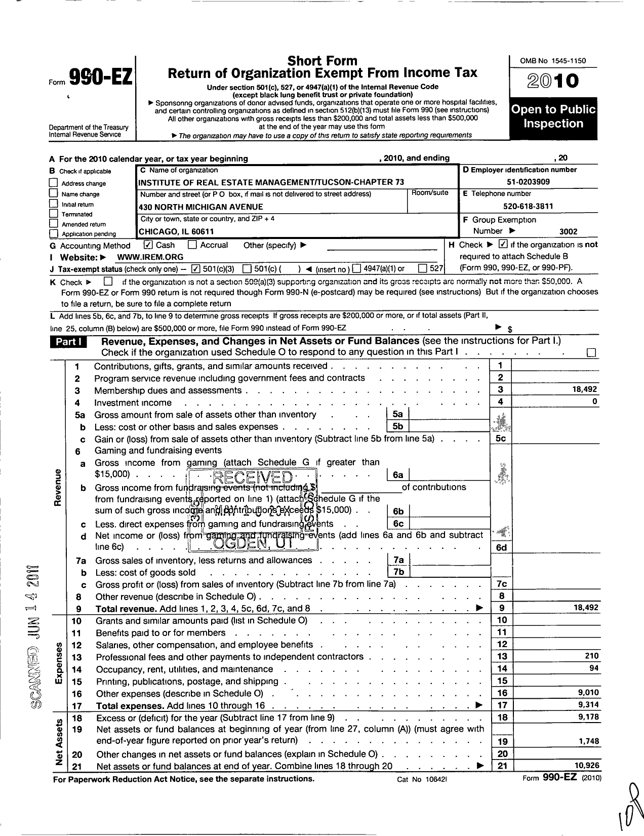 Image of first page of 2010 Form 990EZ for Institute Of Real Estate Management-Tucson-Southern Arizona