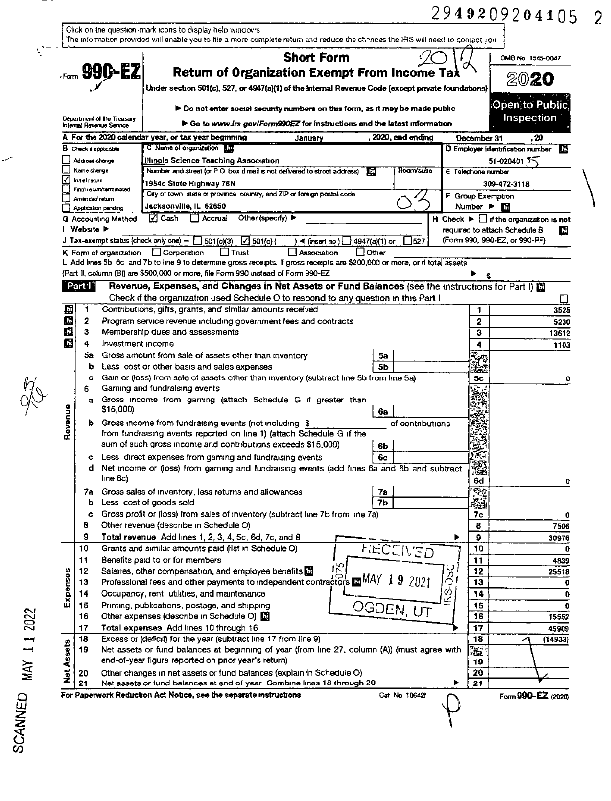 Image of first page of 2020 Form 990EZ for Illinois Science Teaching Association