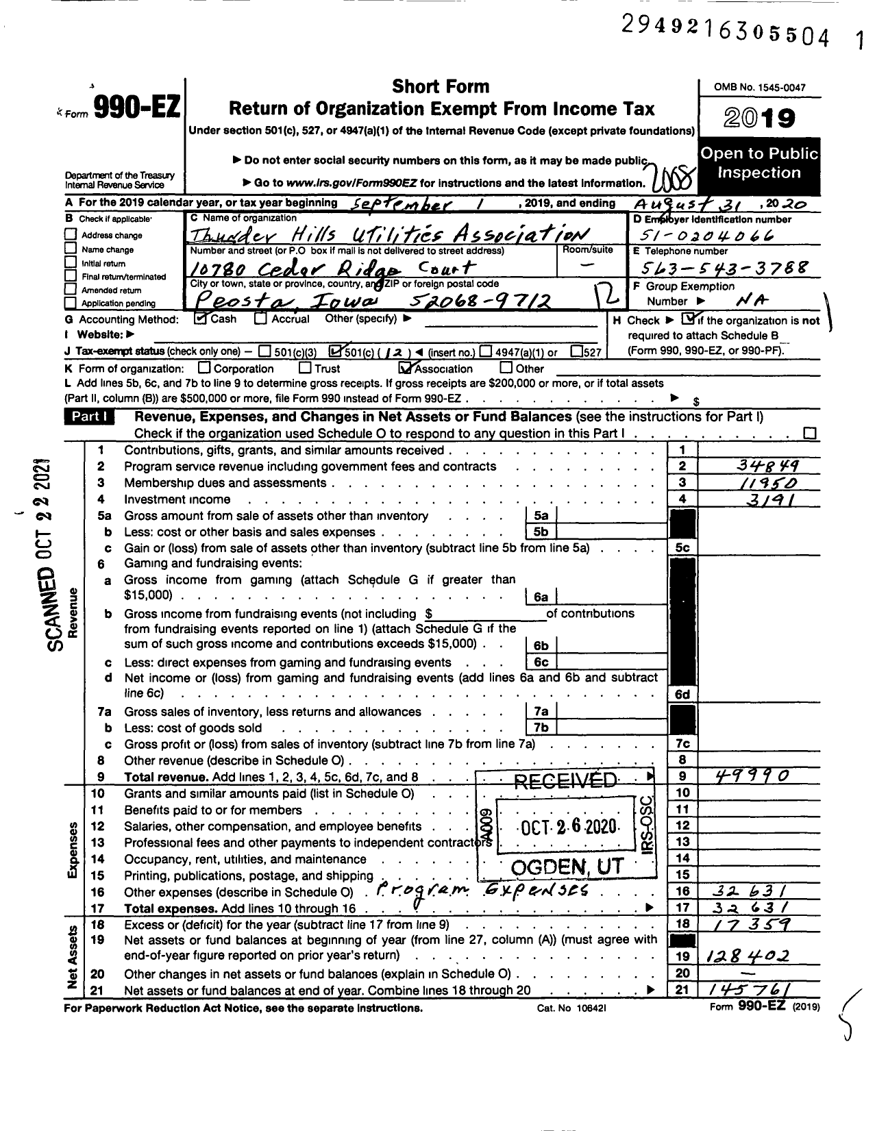 Image of first page of 2019 Form 990EO for Thunder Hills Utilities Association