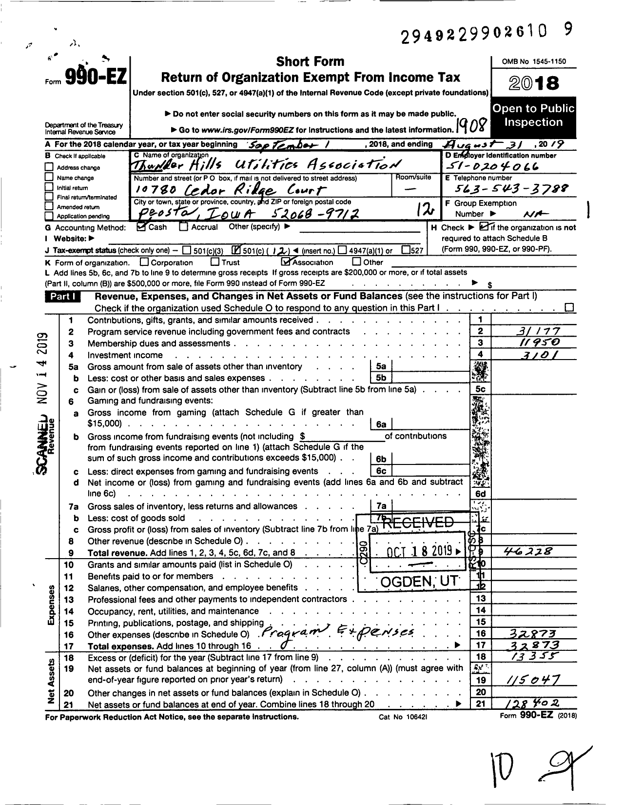 Image of first page of 2018 Form 990EO for Thunder Hills Utilities Association